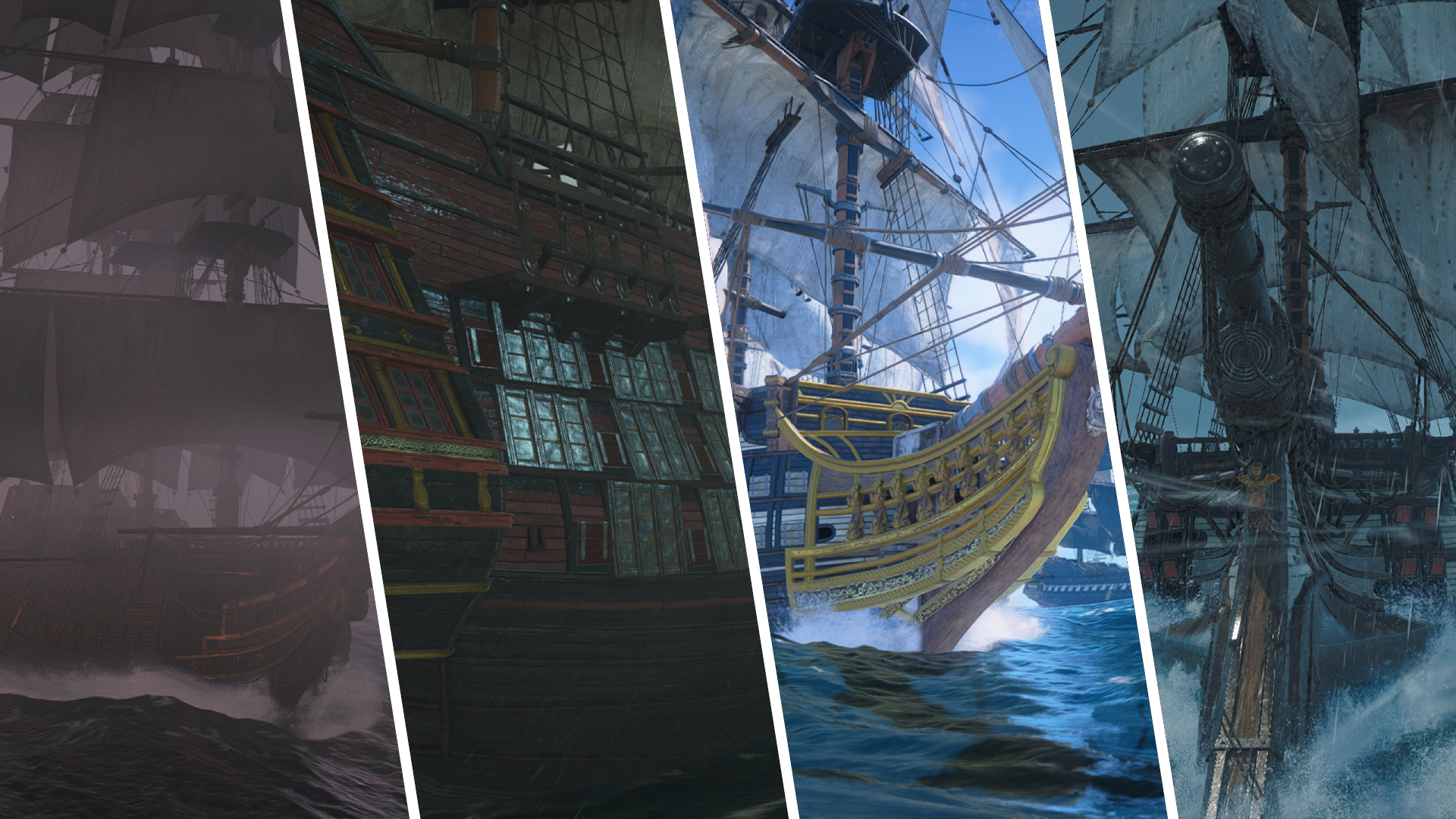 Black Flag legendary ships: A four-way vertically split image of each of the legendary ships.