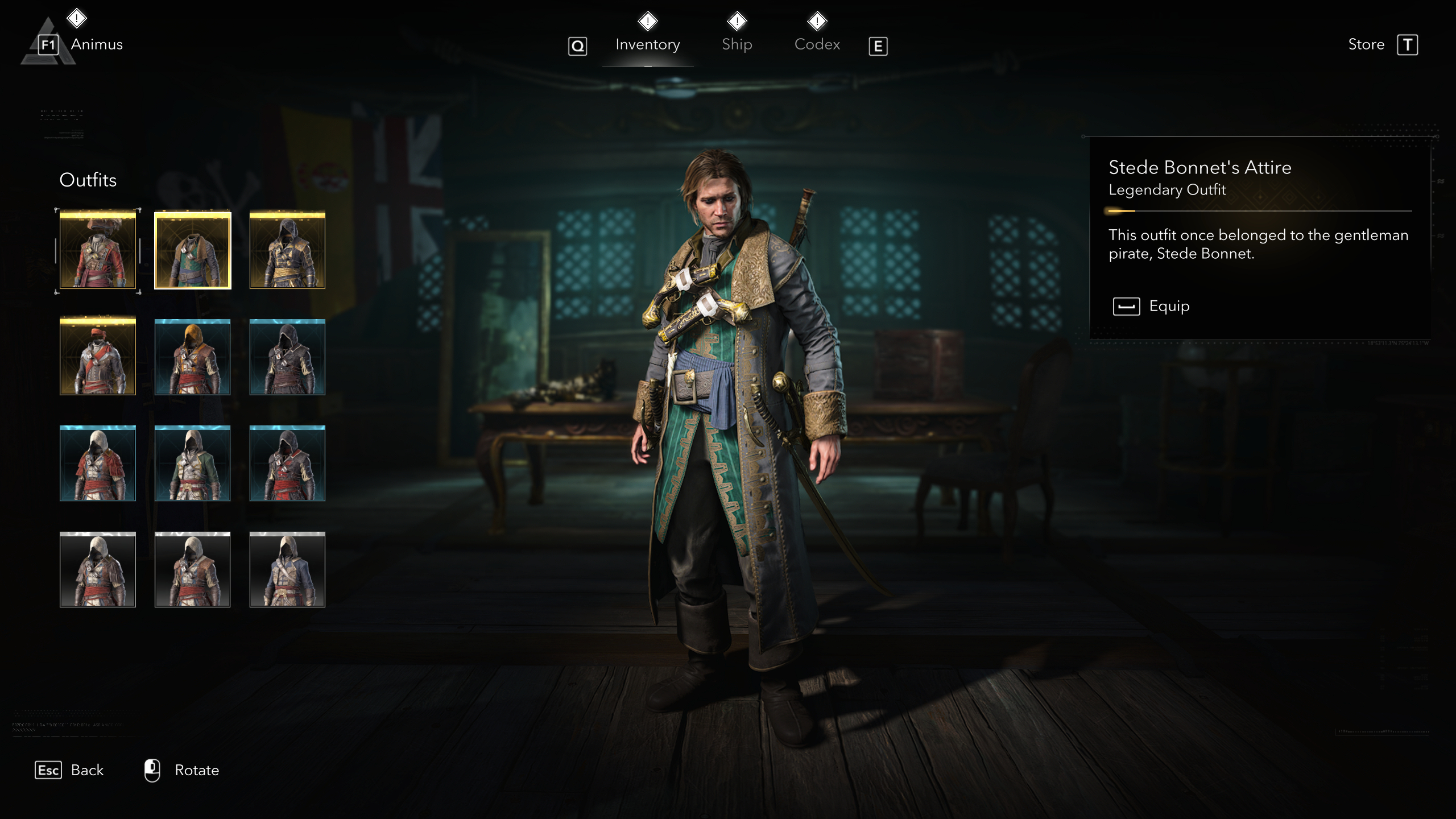 Black Flag outfits: Stede Bonnet's Attire viewed in the menu.