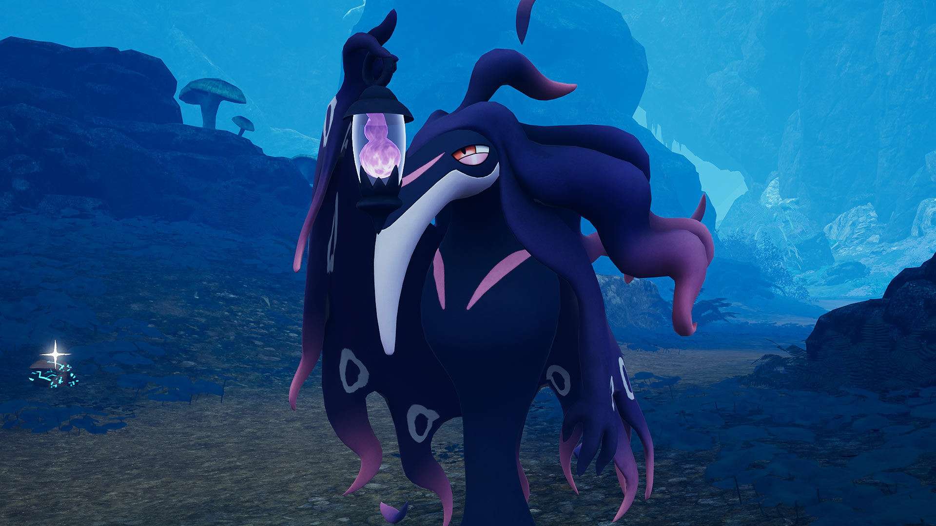Palworld - Loomen, a tall crow pal with a purple lantern