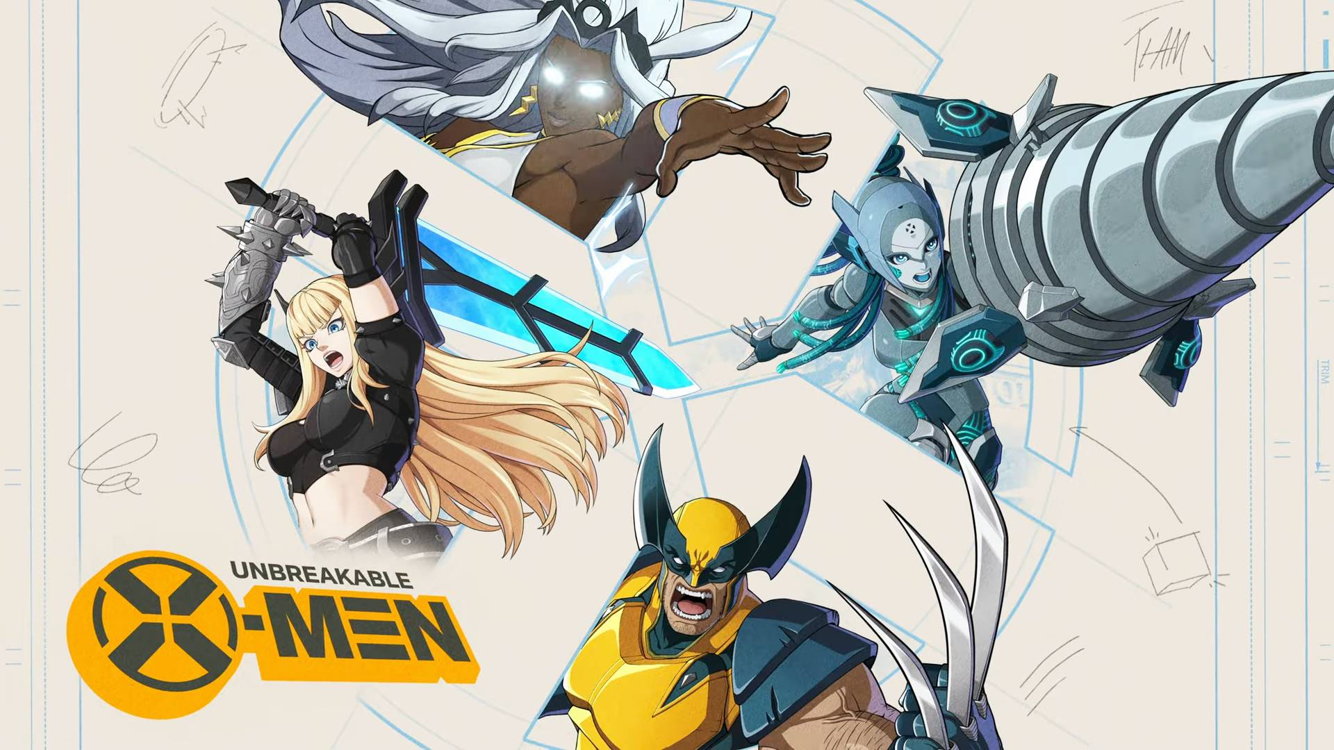 Marvel Tōkon: Fighting Souls - Official artwork showcasing the Unbreakable X-Men team, with Danger, Wolverine, Storm, and Magick.