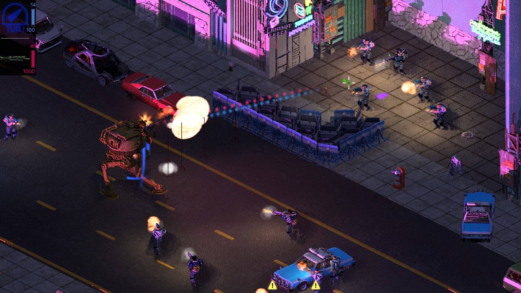 A mech blasts a fortified police position in Brigador Killers