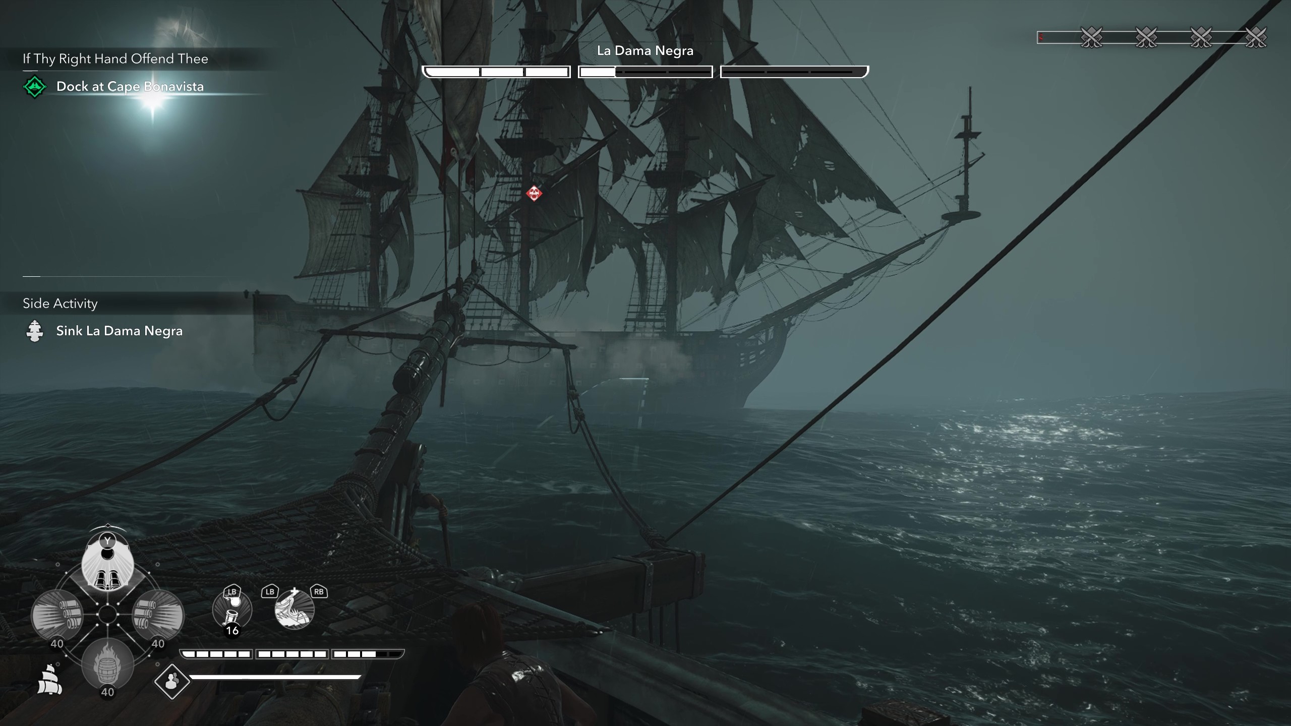Black Flag legendary ships: Gameplay of naval combat with the player aiming front cannons at La Dama Negra.