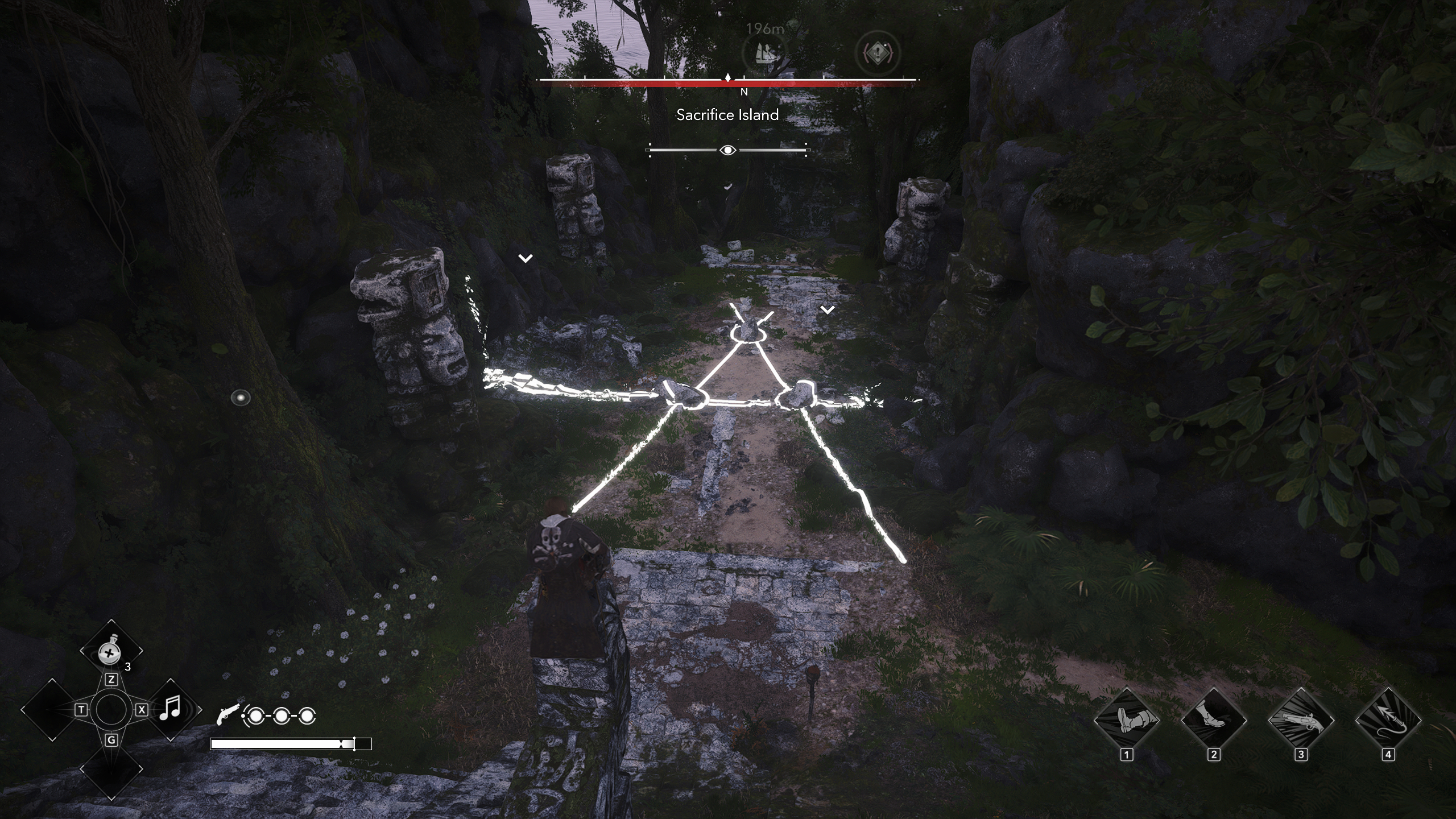 Black Flag Mayan stones: Edward crouched on top of the stele solving the puzzle in the ruins below.