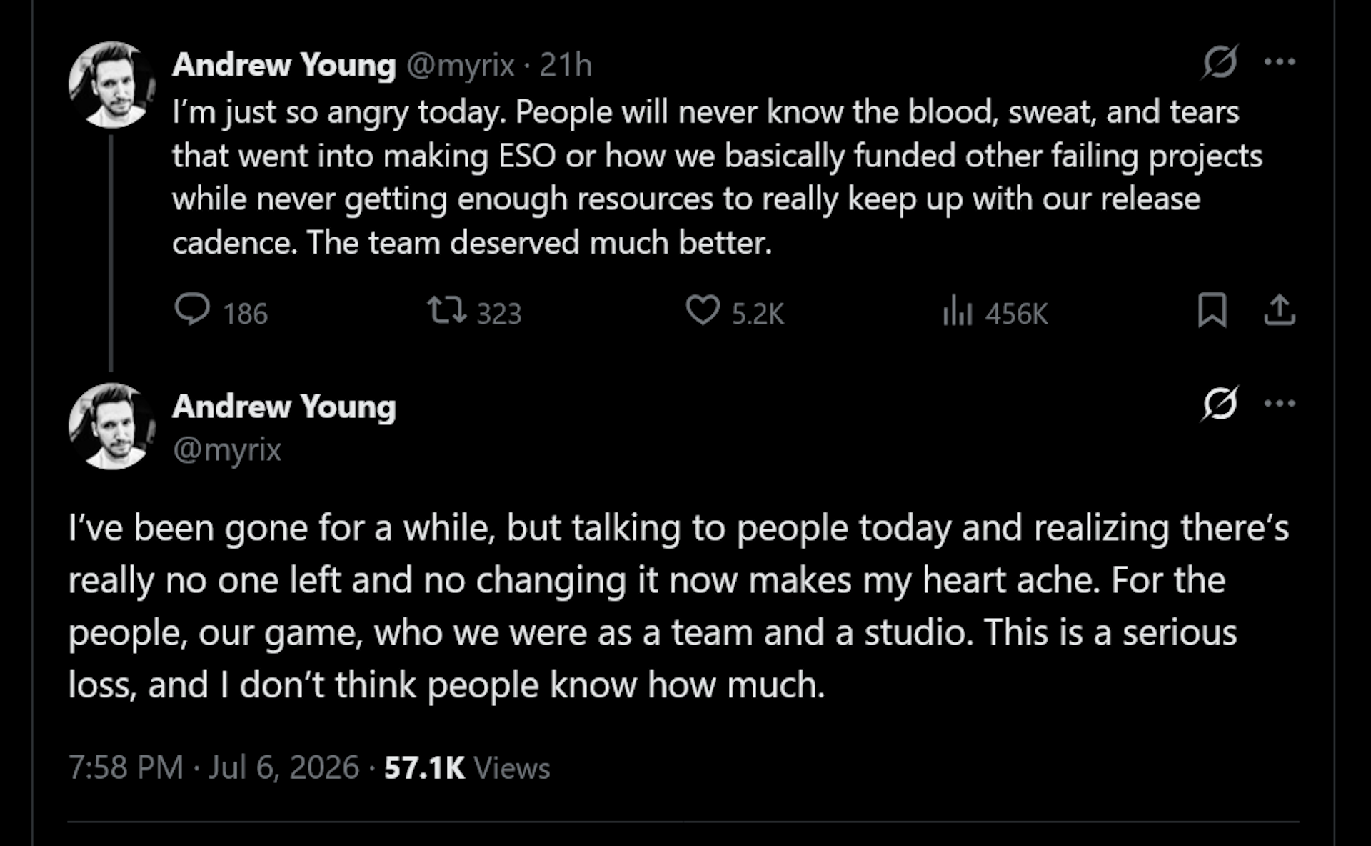 Andrew Young tweet: I&rsquo;m just so angry today. People will never know the blood, sweat, and tears that went into making ESO or how we basically funded other failing projects while never getting enough resources to really keep up with our release cadence. The team deserved much better. I&rsquo;ve been gone for a while, but talking to people today and realizing there&rsquo;s really no one left and no changing it now makes my heart ache. For the people, our game, who we were as a team and a studio. This is a serious loss, and I don&rsquo;t think people know how much.