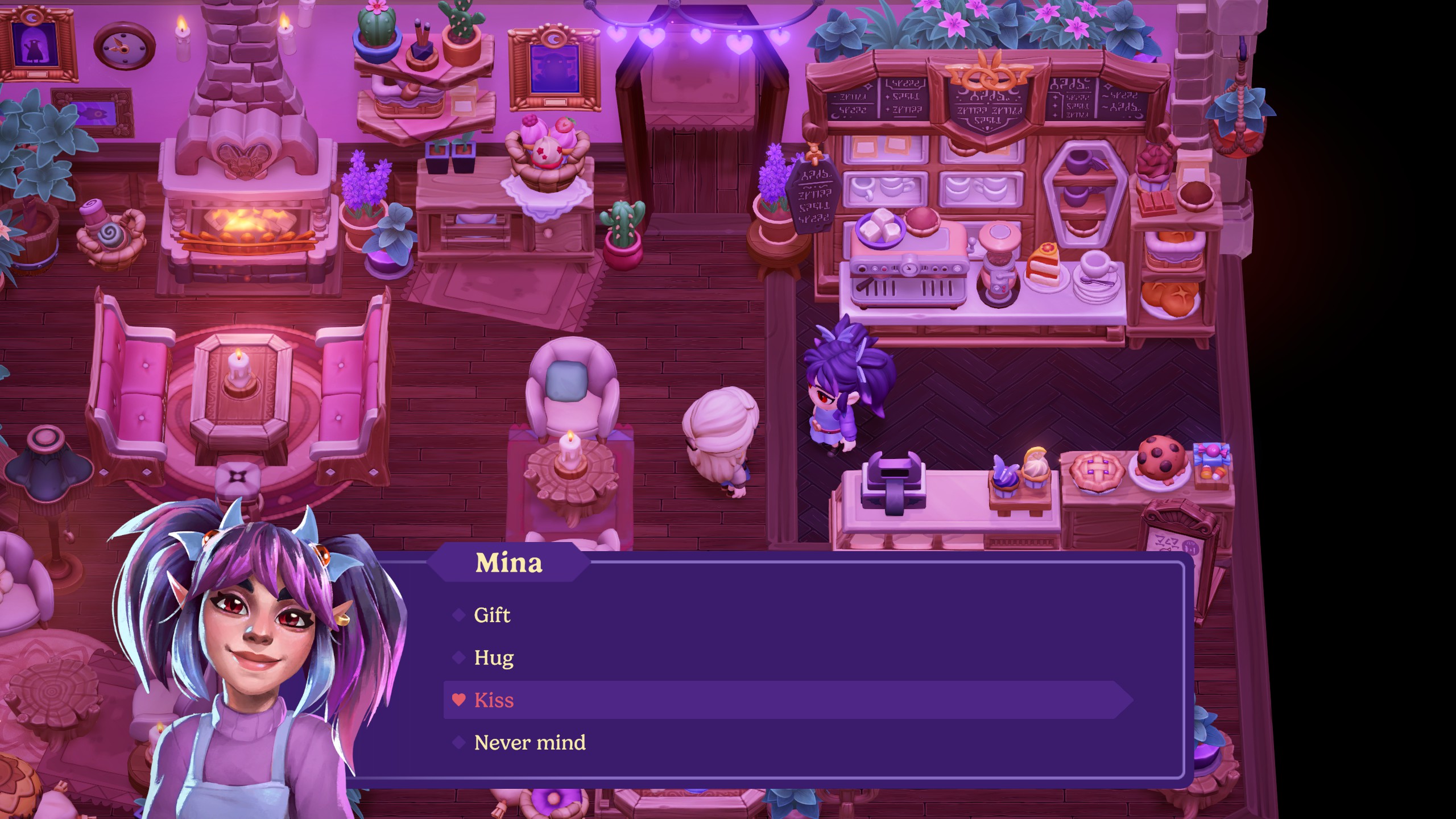 Moonlight Peaks - interaction options with Mina showing "kiss" as a choice.