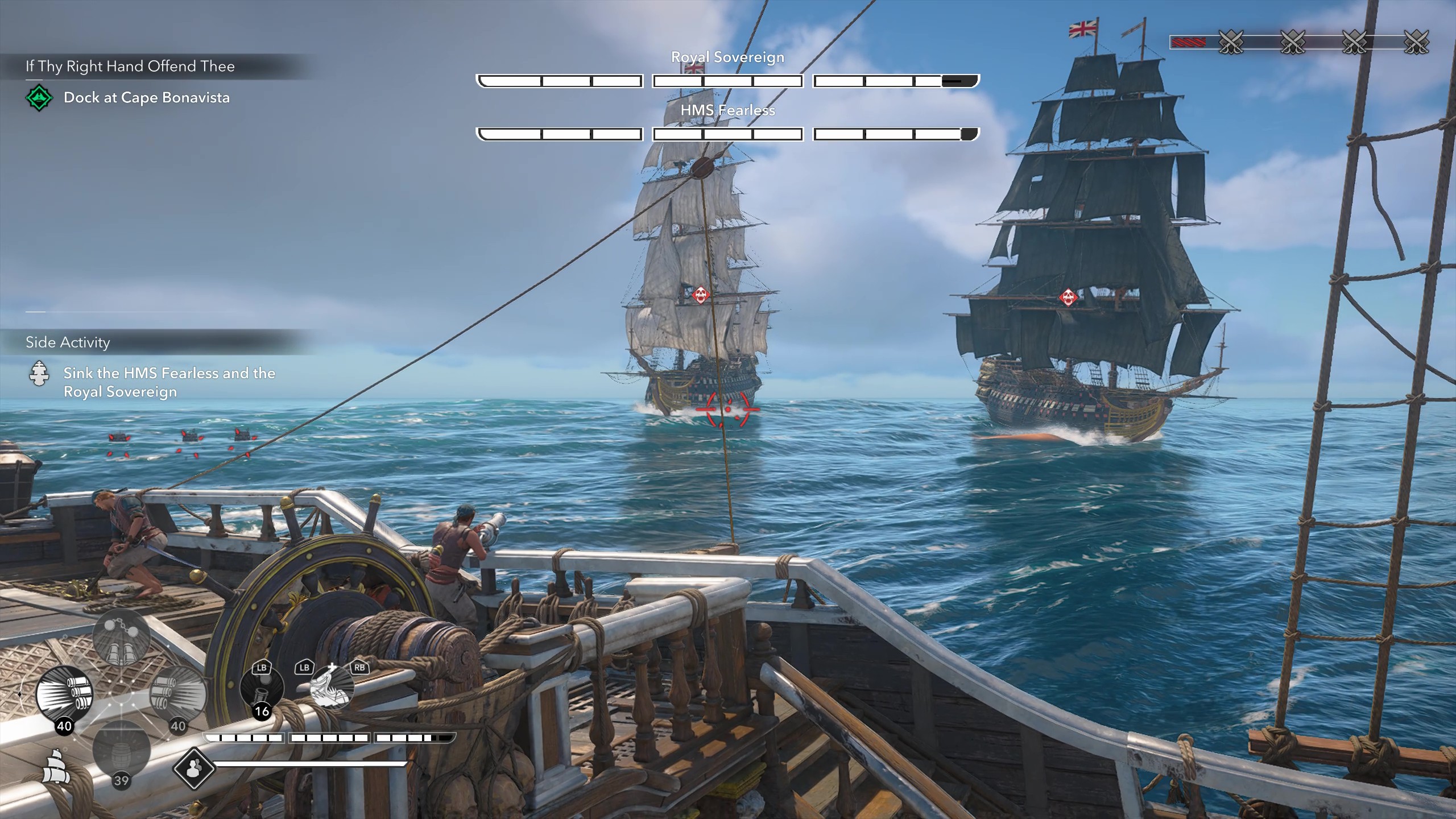 Black Flag legendary ships: Gameplay of naval combat showing the player aiming at HMS Fearless and the Royal Sovereign.