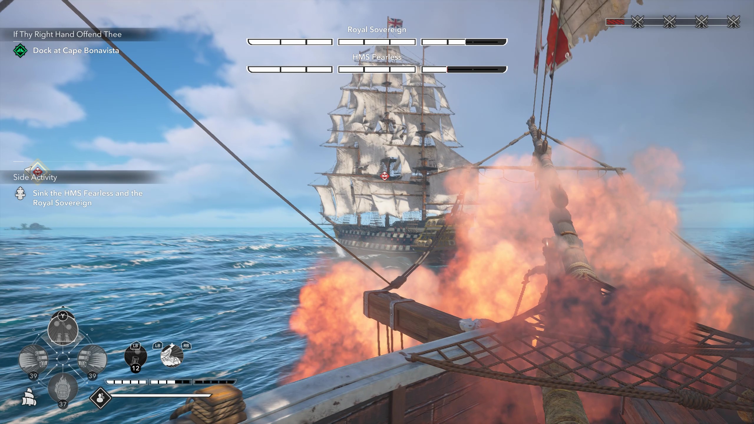 Black Flag legendary ships: Gameplay of naval combat depicting the player firing front cannons at HMS Fearless as it retreats.