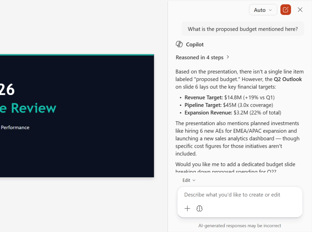 screenshot of copilot sidebar in powerpoint with response to query about proposed budget in the slide deck