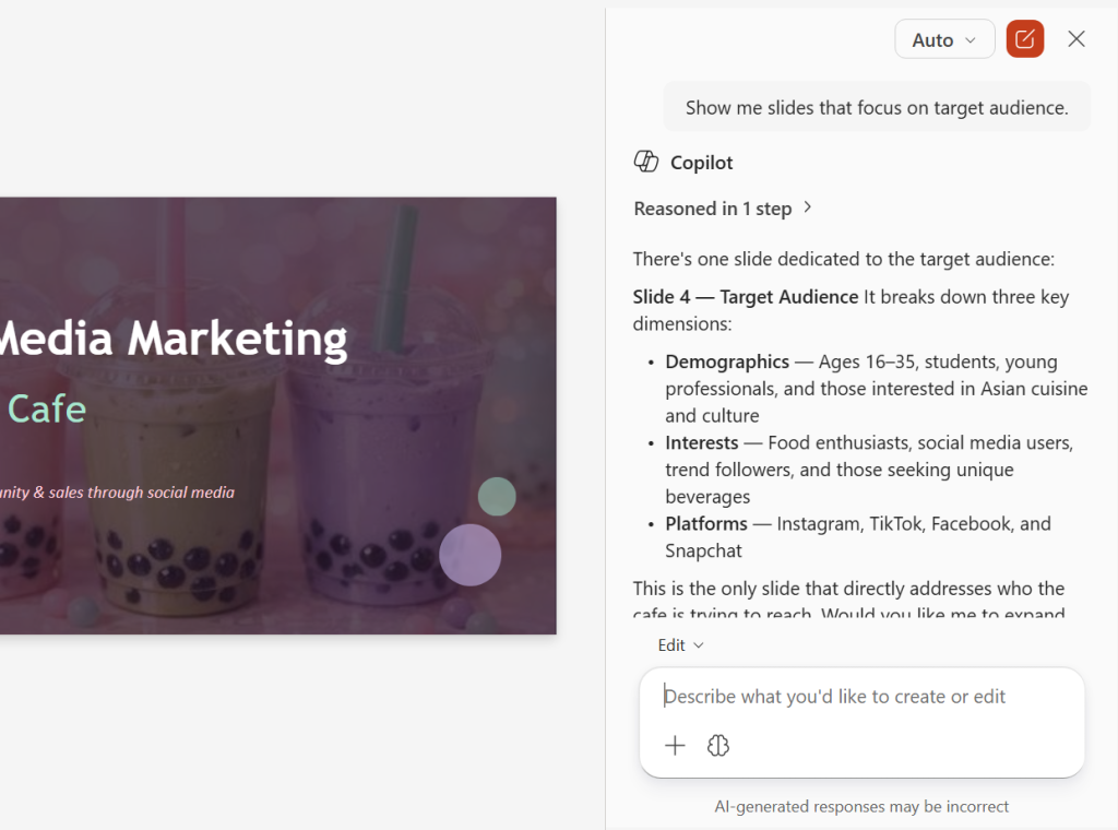 screenshot of copilot sidebar in powerpoint with response about the slide that talks about target audience