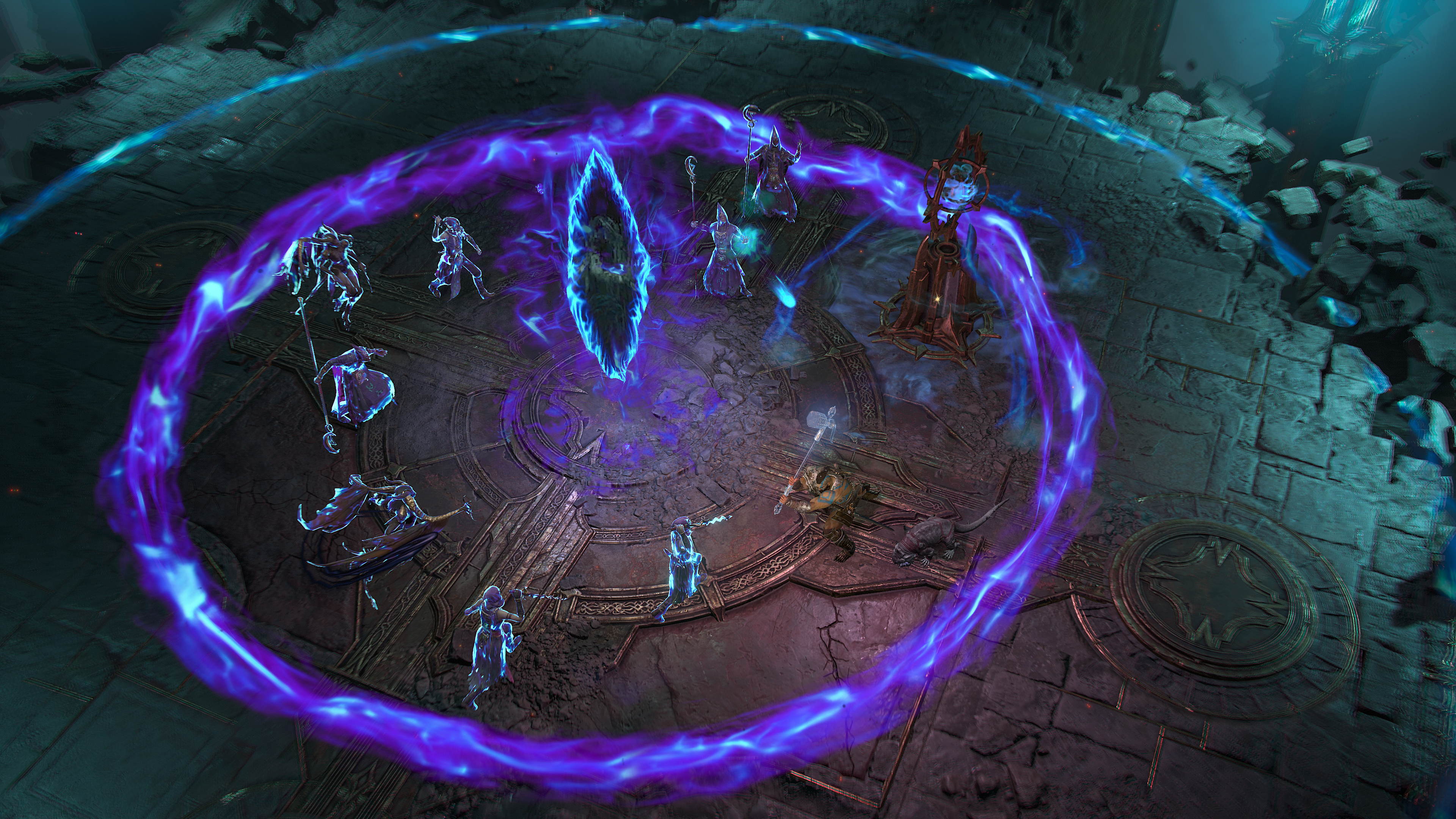 A Diablo 4 screenshot of a circular platform with a dark blue and purple rift surrounded by monsters in the middle.