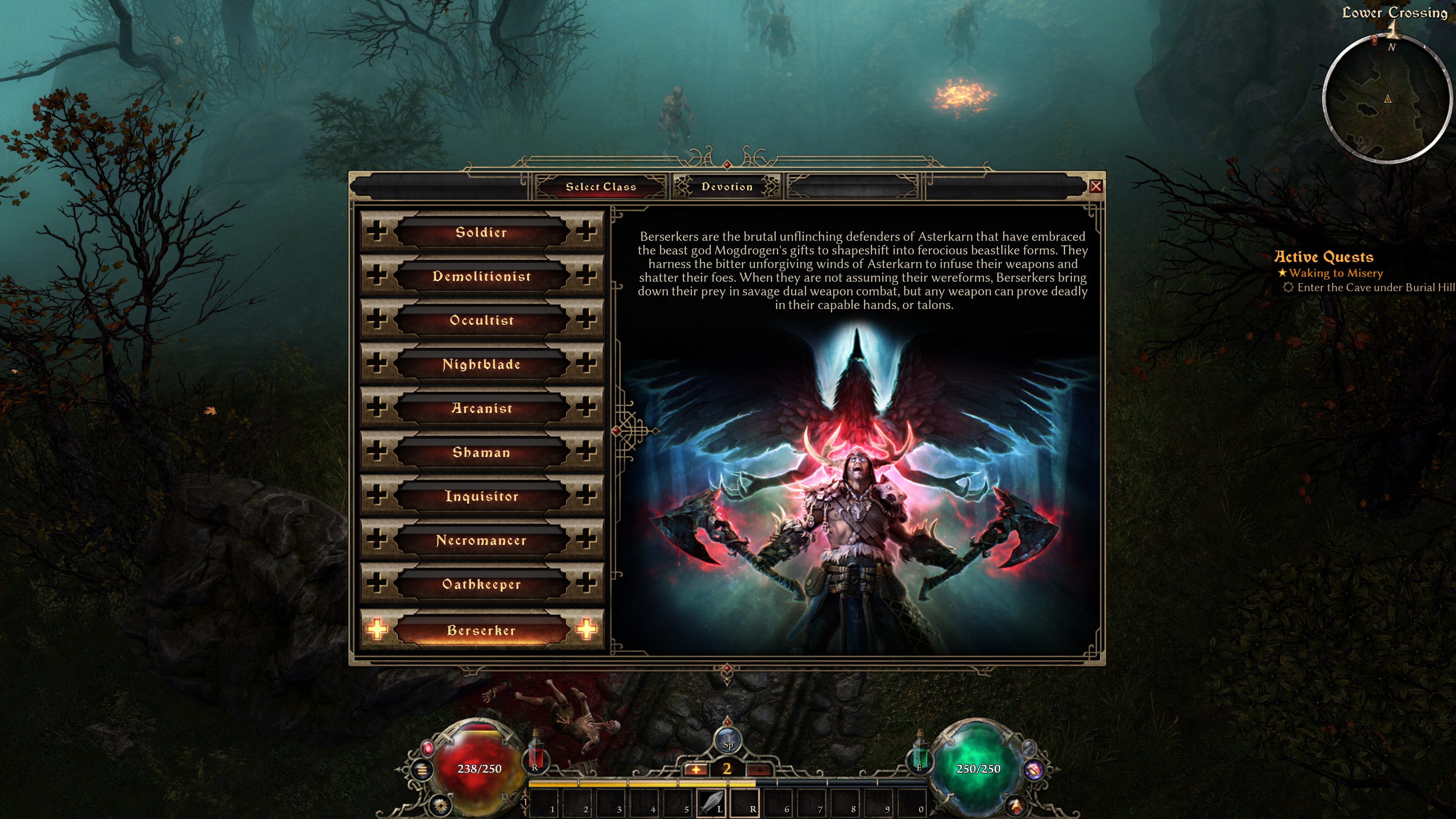 A screenshot of action RPG Grim Dawn. An image of a man wielding two axes with a crow above him is in a list of available classes.