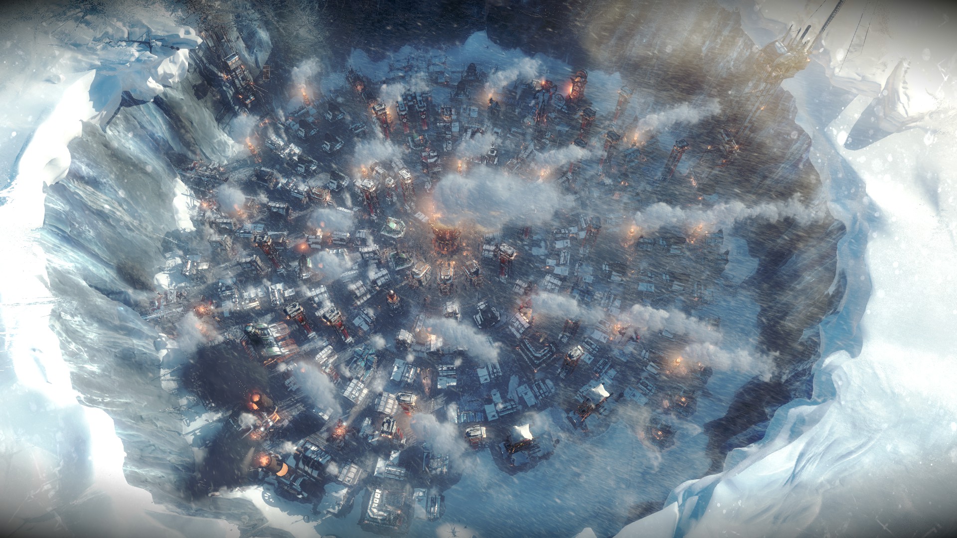 A grimy industrial city surrounded by snow