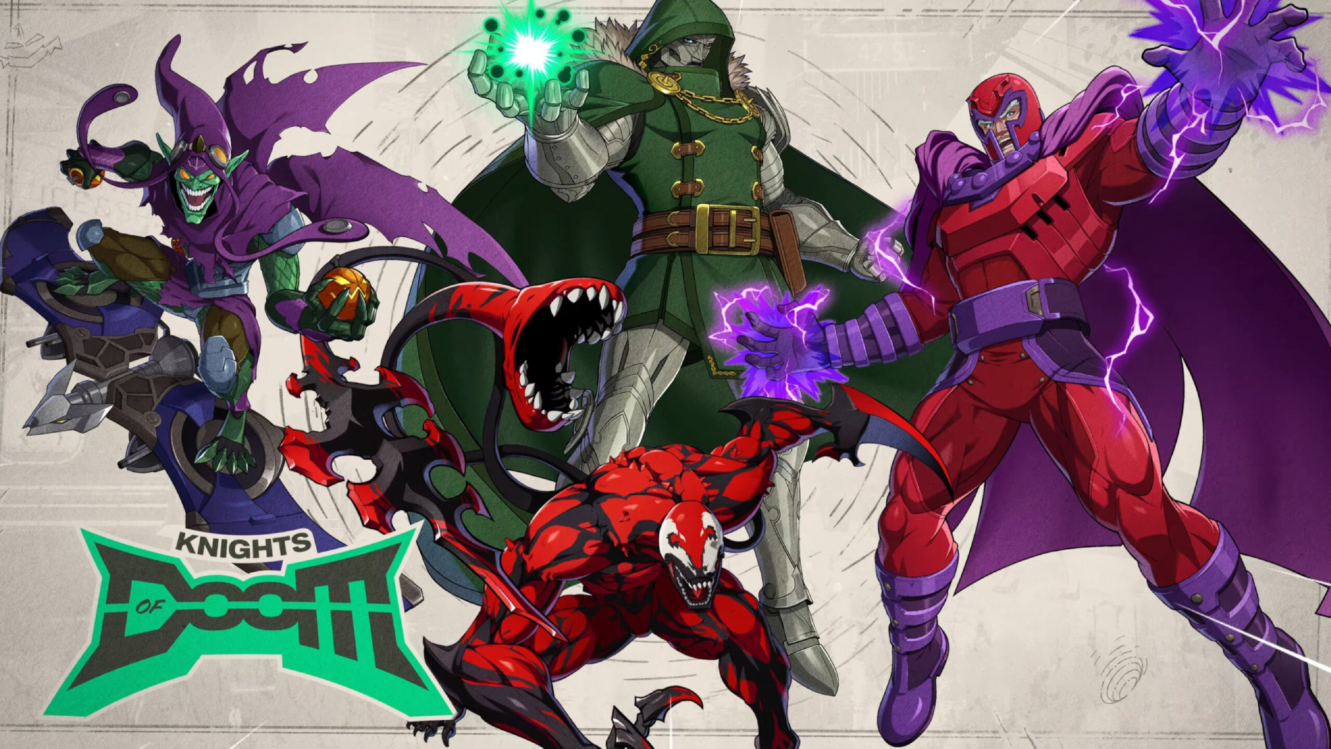 Marvel Tōkon: Fighting Souls - Official artwork showcasing the Knights of Doom team, with Doctor Doom, Carnage, Magneto, and Green Goblin.