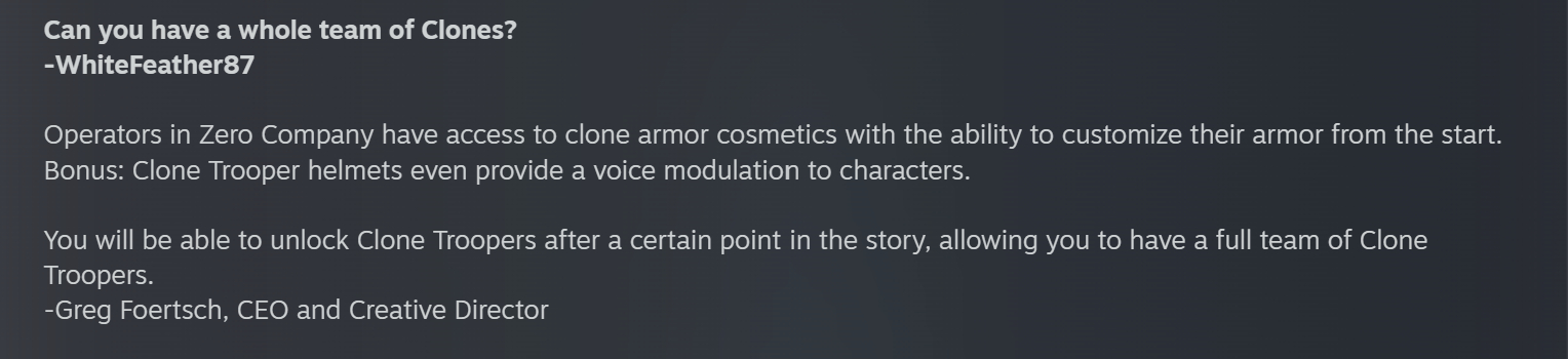 A screenshot from the Star Wars Zero Company Q&amp;A on Steam, specifically a question about Clone Trooper teams.