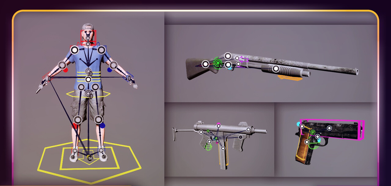 Computer models of a person and guns with circles indicating movement points