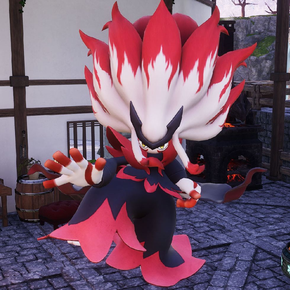 Palworld - Renjishi, a firey, bipedal pal with hair that's sticking straight up. It's holding a katana by its side.