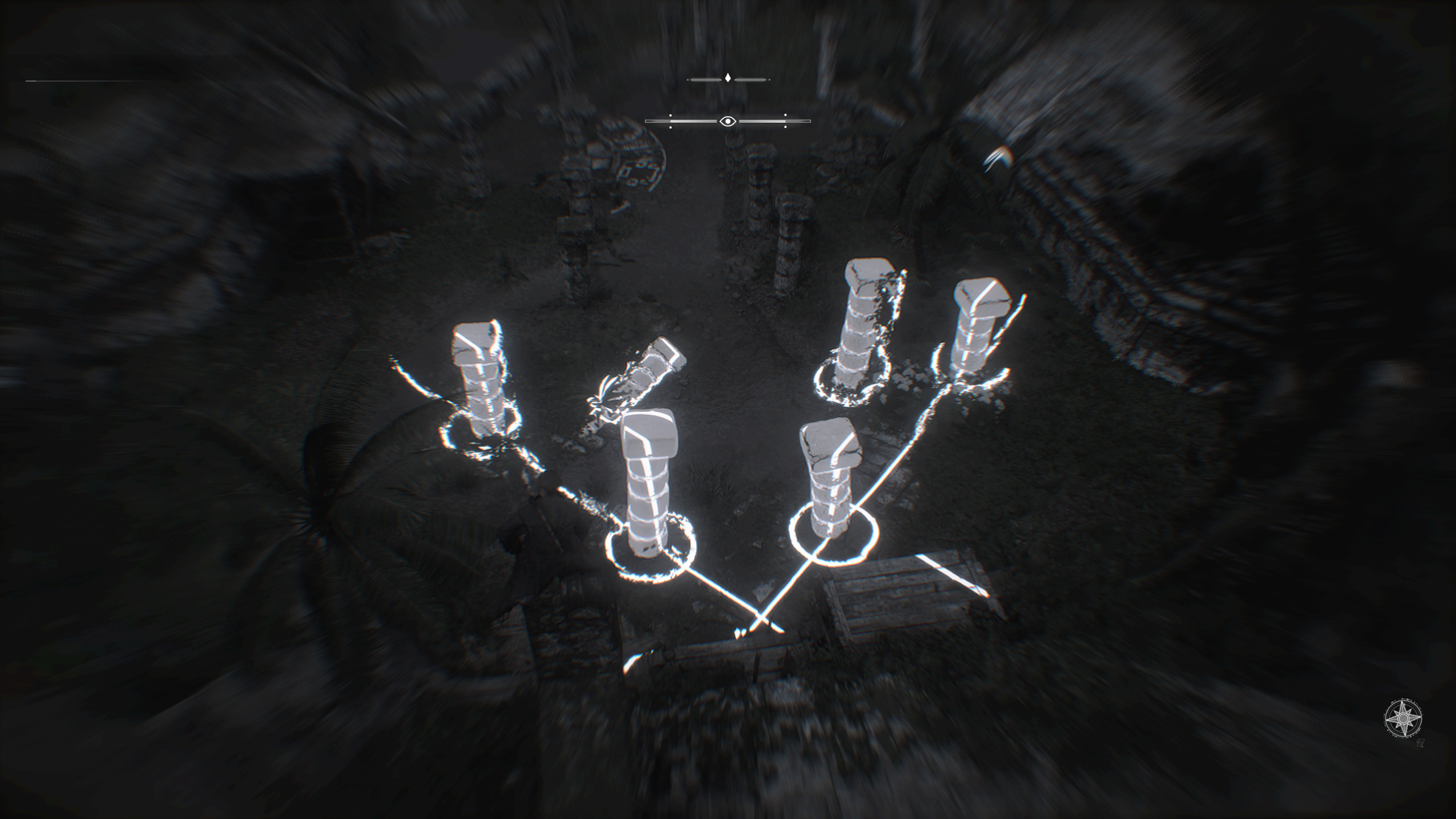Black Flag Mayan stones: Edward crouched on top of the stele solving the puzzle in the ruins below.