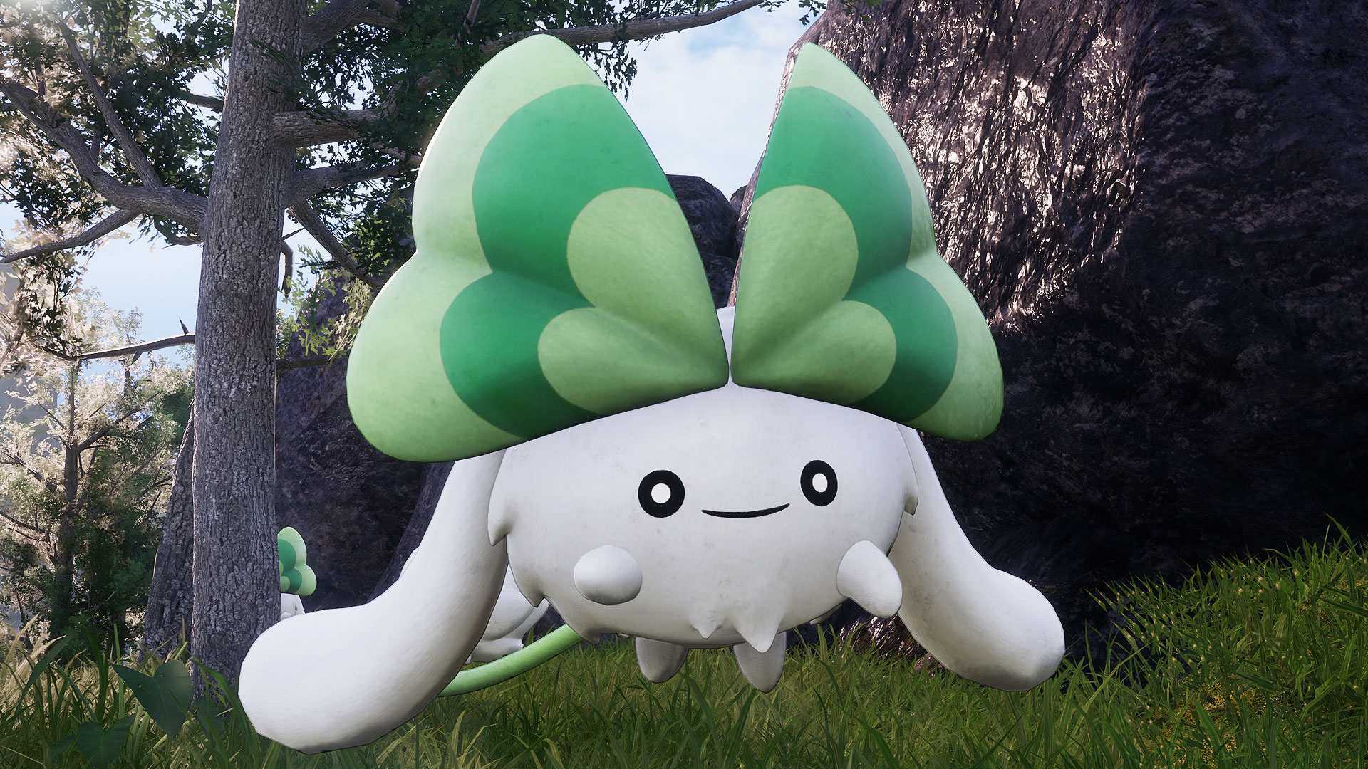 Palworld - Clovee, a floating white creature with green leafy crests