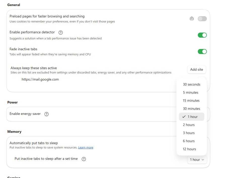 screenshot of edge browser settings with options for putting tabs to sleep