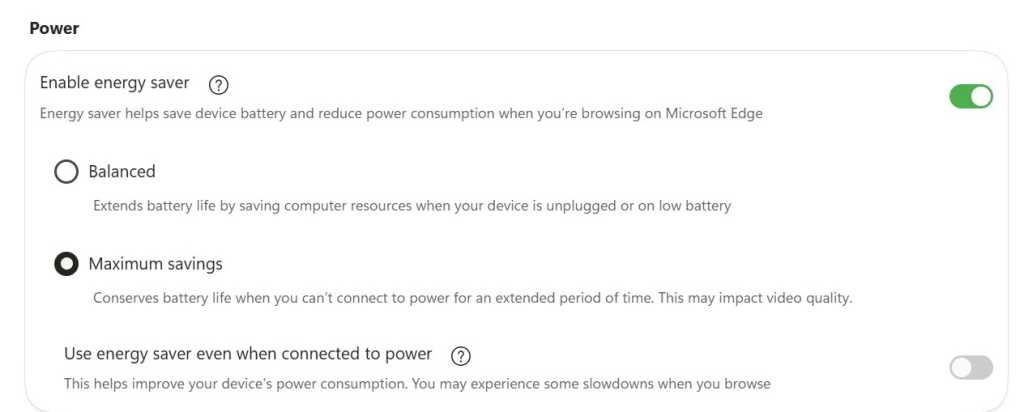 screenshot of power settings in edge browser with energy saver enabled