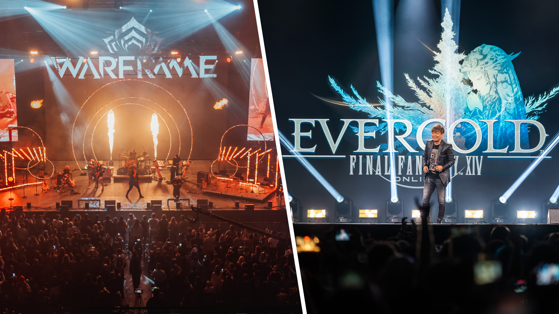 Tennocon (Left) stage with a band playing surrounded by flames. Final Fantasy 14 Fan Festival (right) with Naoki Yoshida on stage in front of the Evercold logo.