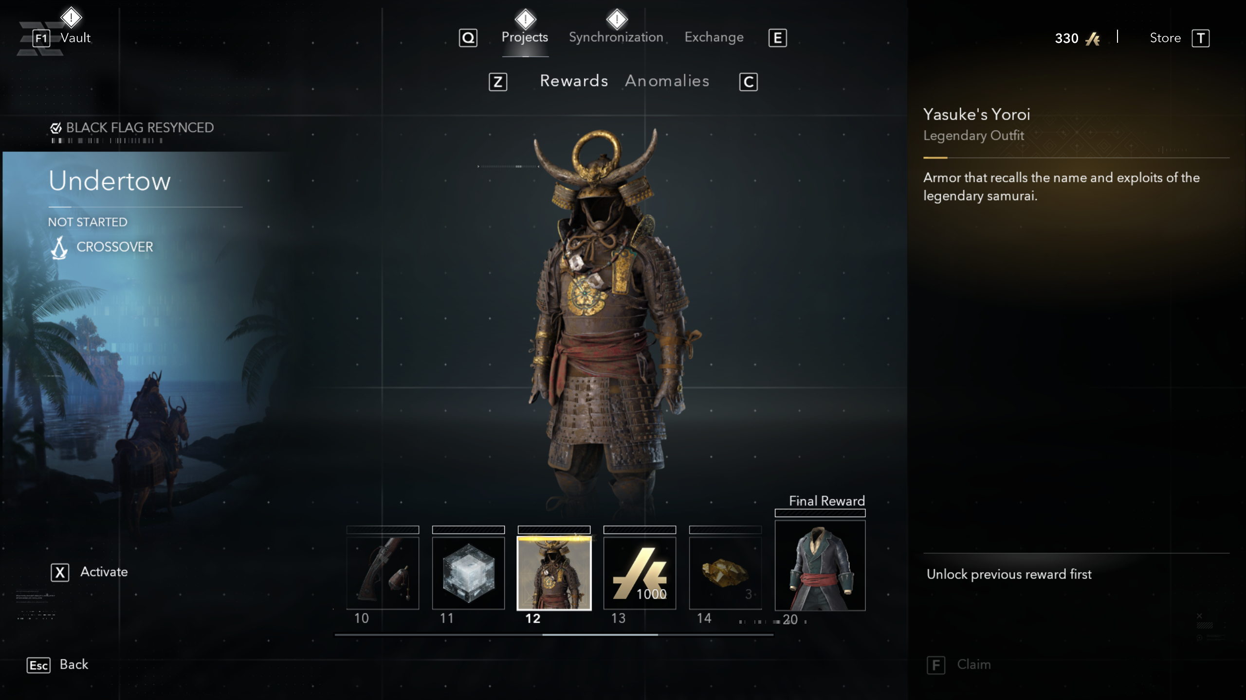Black Flag outfits: Yasuke's Yoroi outfit viewed in the Projects menu.