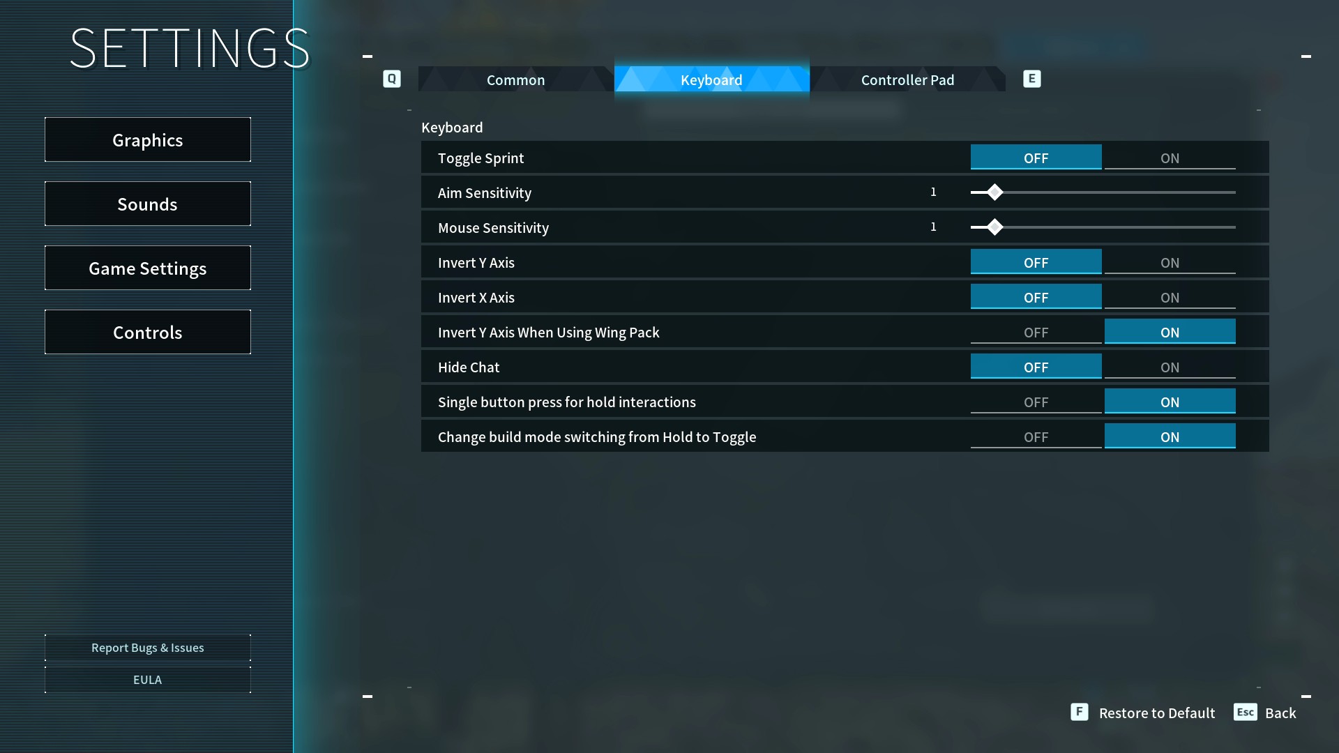 The settings menu in Palworld, showing the two options necessary for switching the interact key to a toggle rather than a hold.