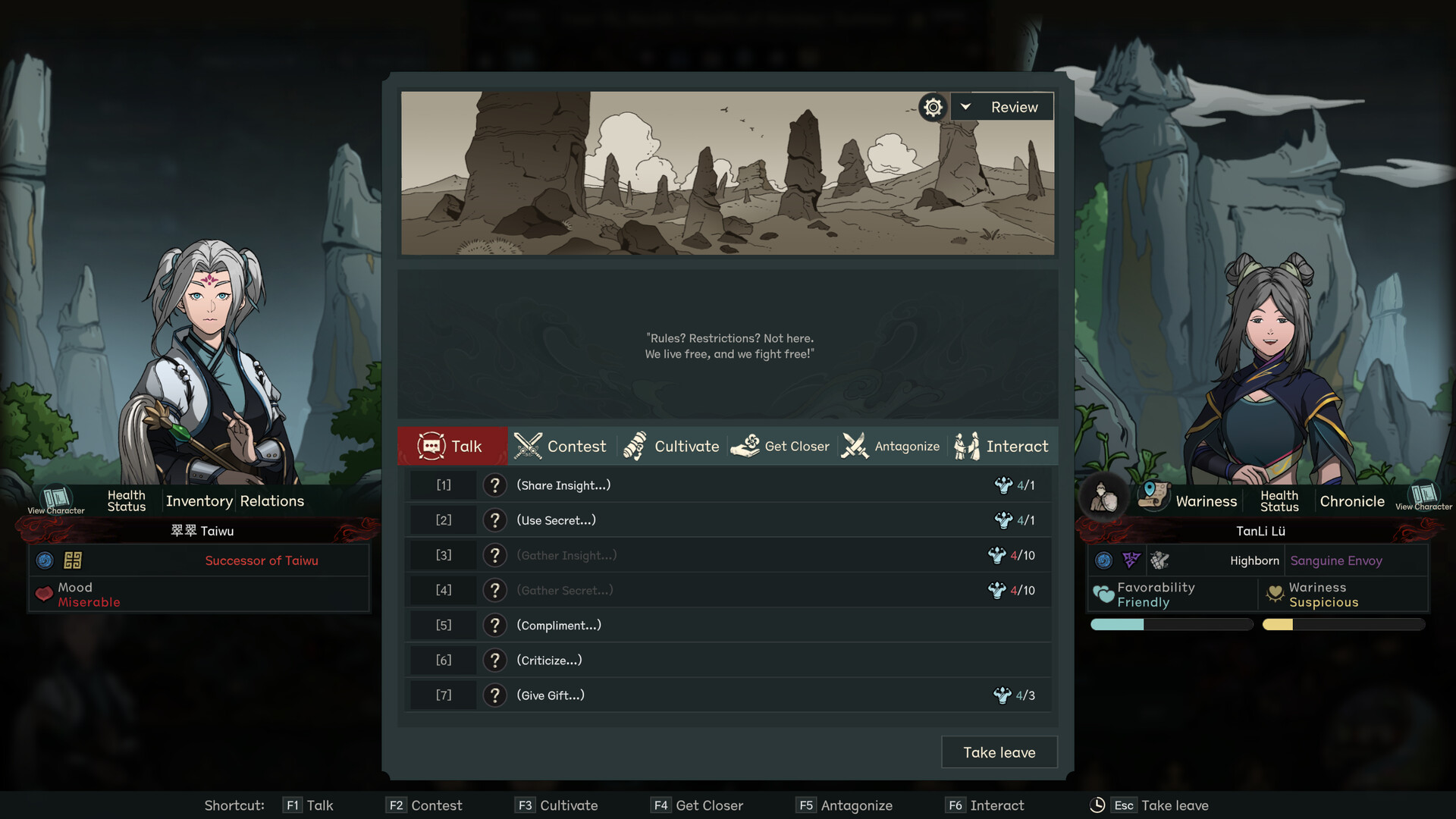 A screenshot of The Scroll of Taiwu's expansive dialogue and relationship system. Two characters have a menu with text in between them.