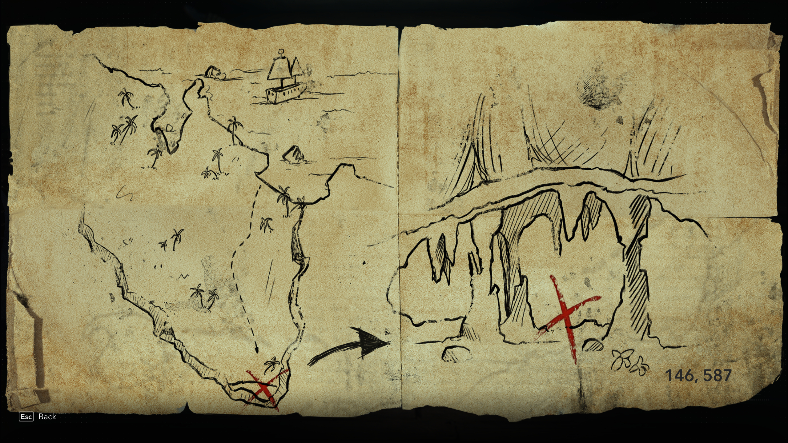 Black Flag treasure maps: A hand-drawn map leading to buried treasure.