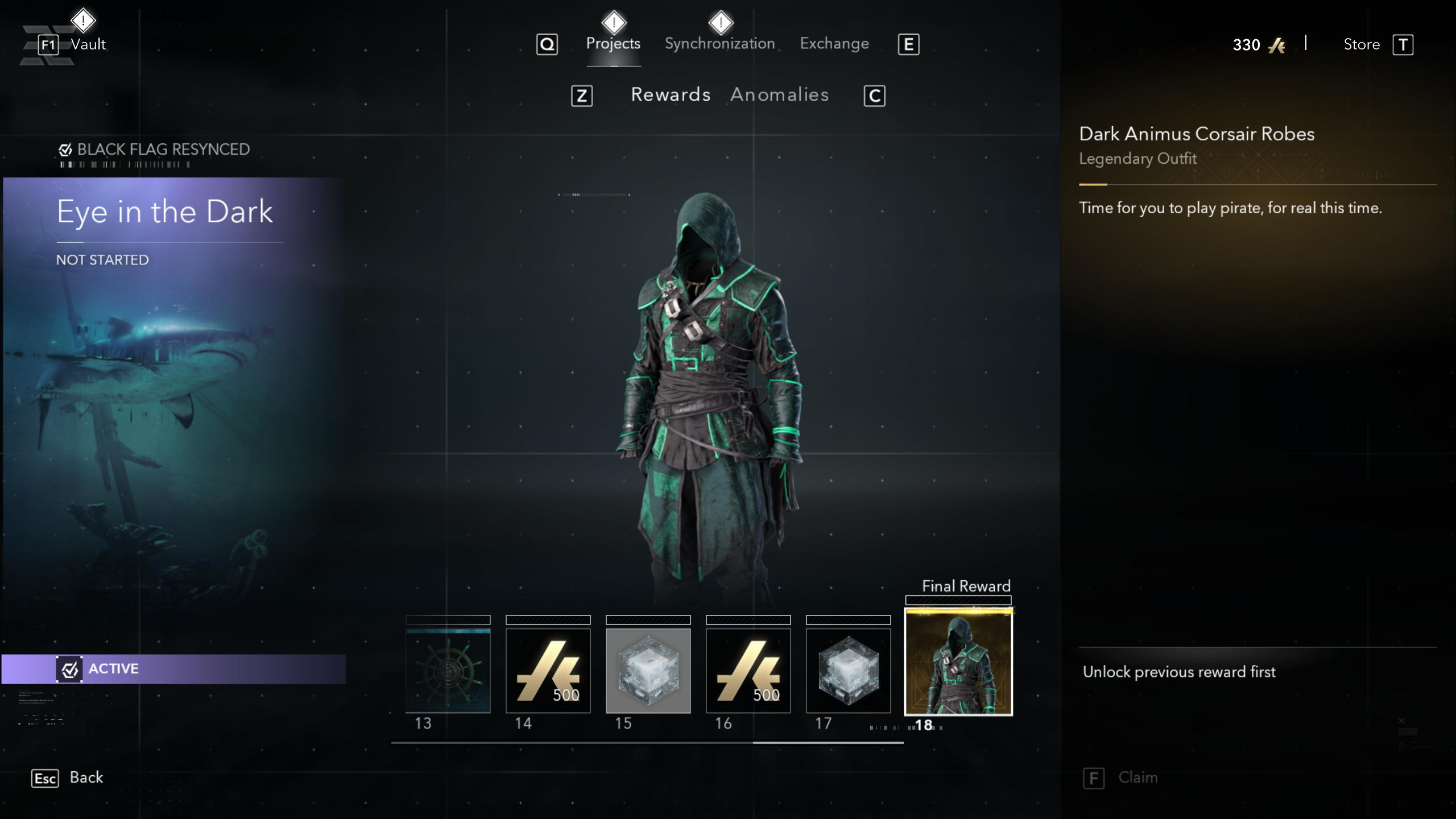 Black Flag outfits: The Dark Animus Corsair Robes outfit viewed in the Projects menu.