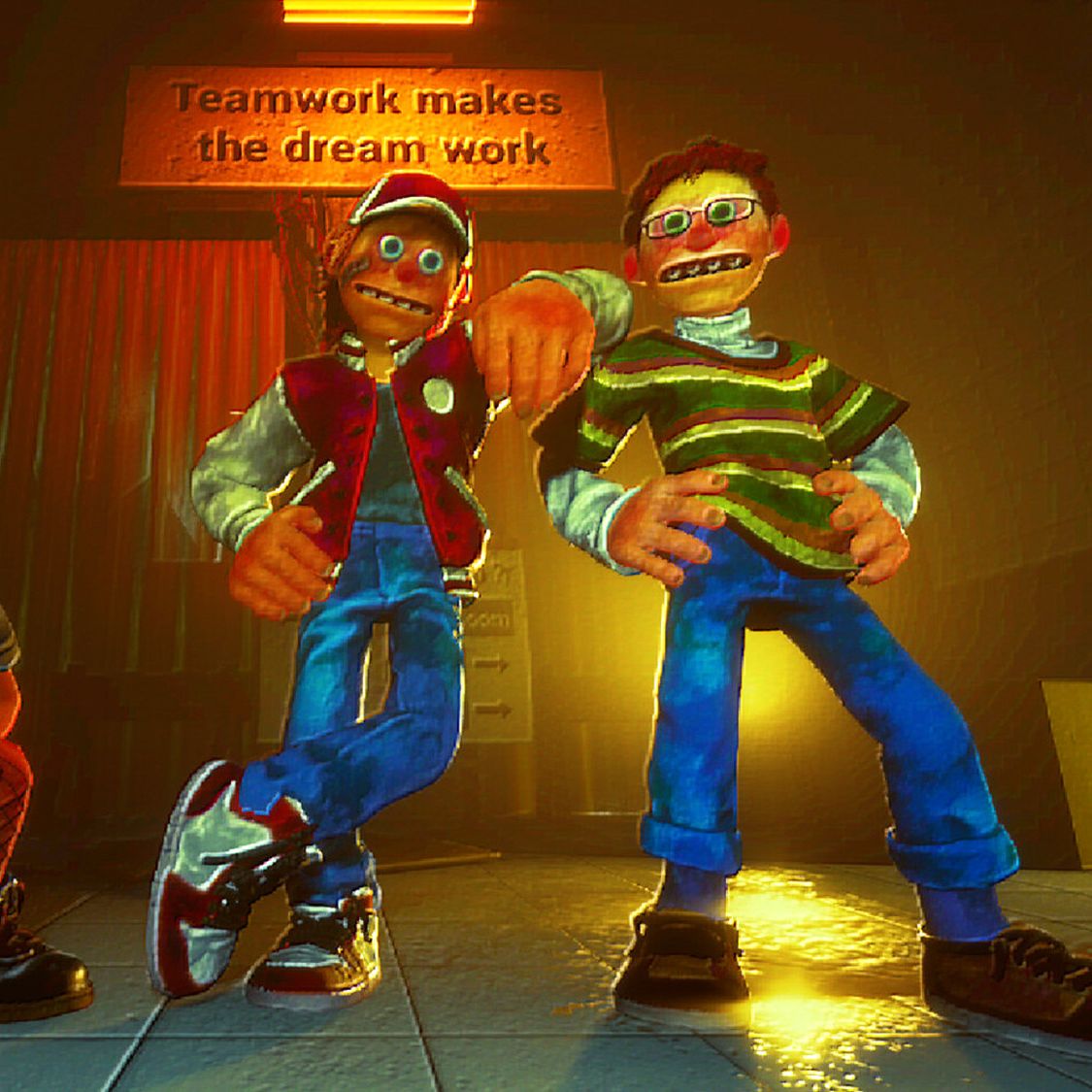 Storebound - Three players made in a claymation art style stand in front of a "Teamwork makes the dream work" sign