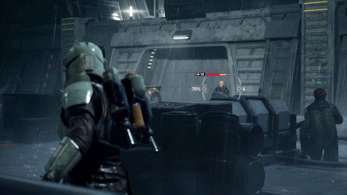 Zero Company screenshot showing Mandalorian aiming gun at enemy