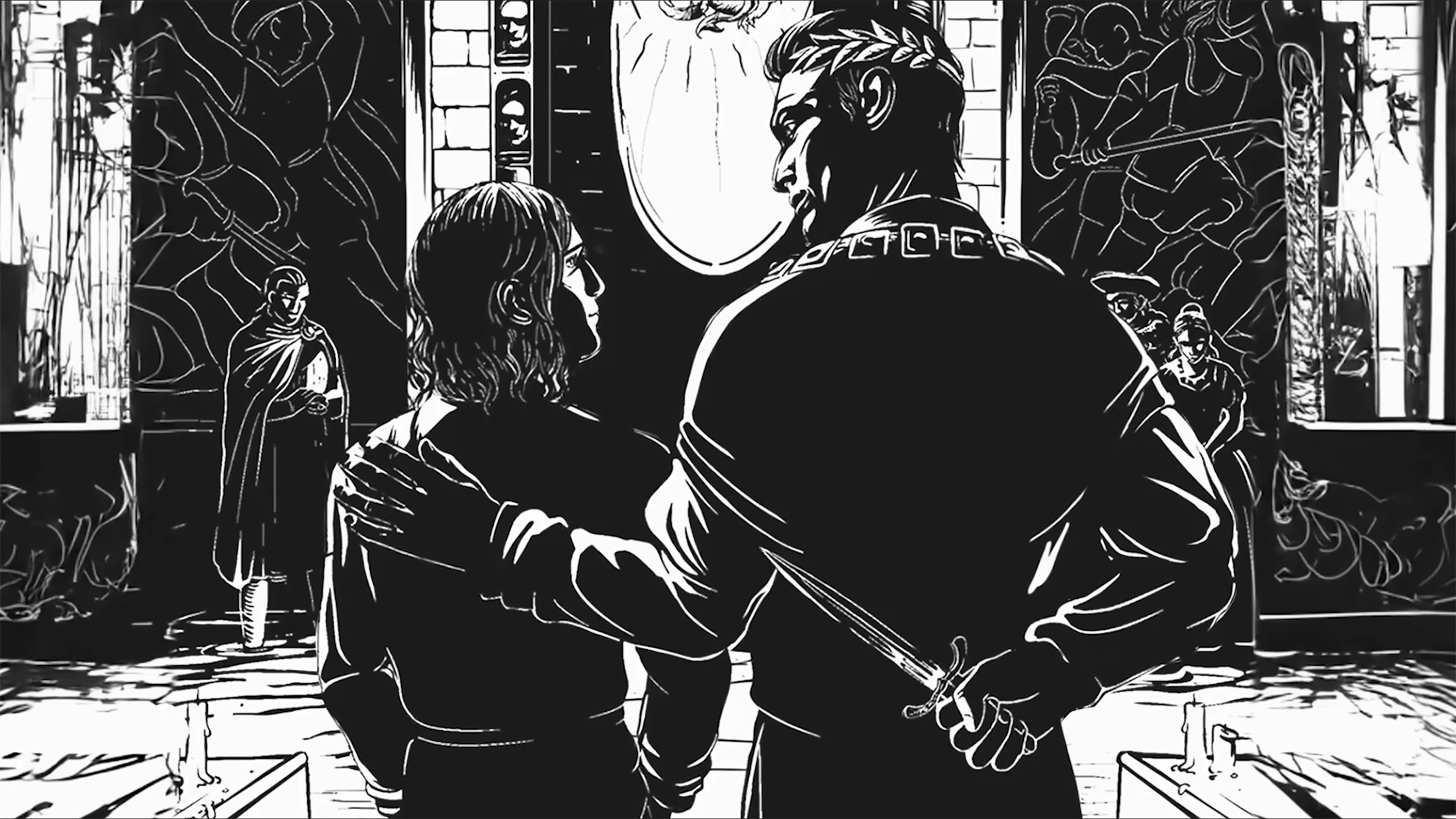 The Life and Suffering of Prince Jerian - A man standing beside a young boy with his hand on his shoulder while holding a knife behind his back