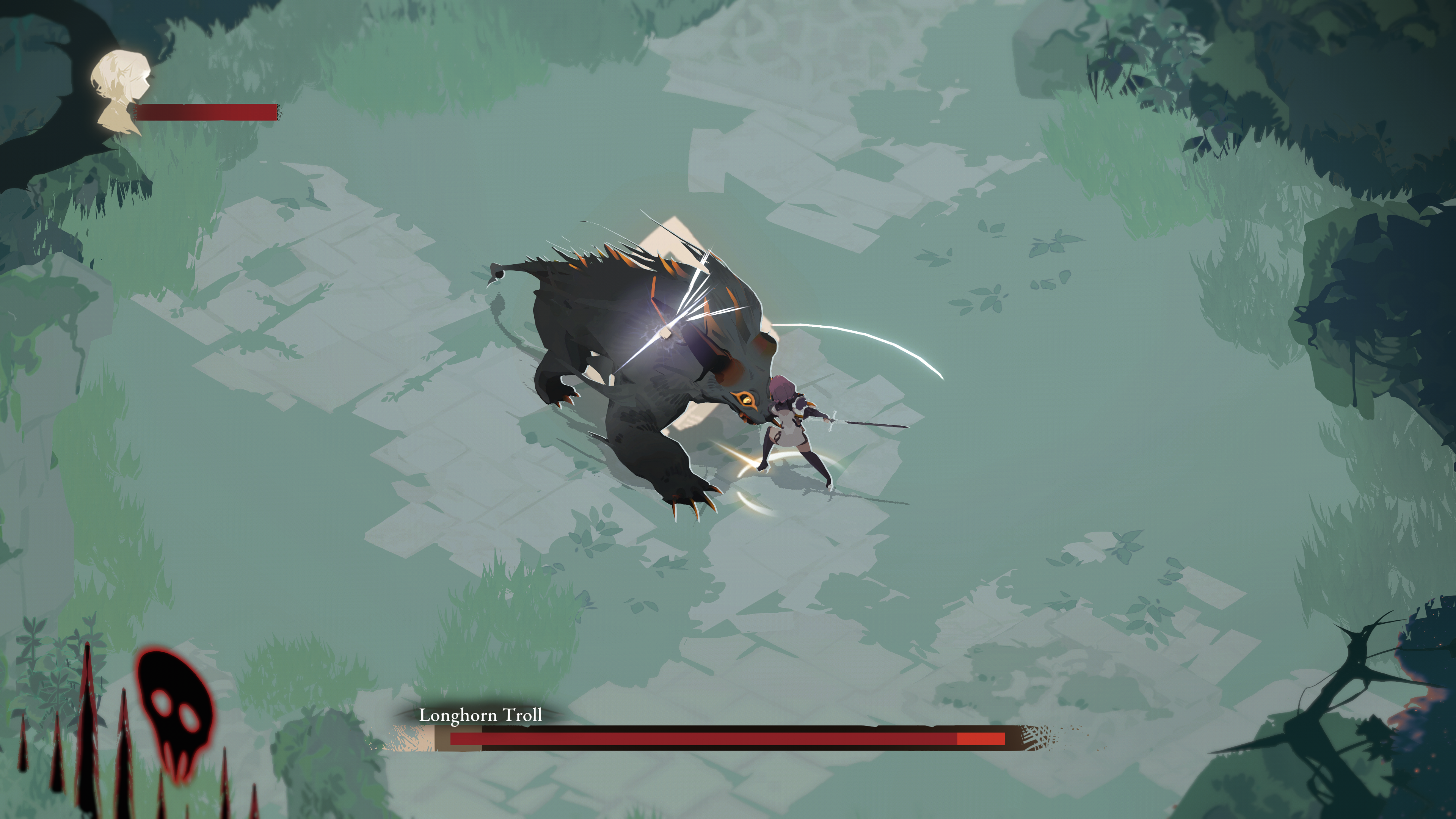 A screenshot of action RPG Lunarium. The player character fights a dark beast in a grassy arena.