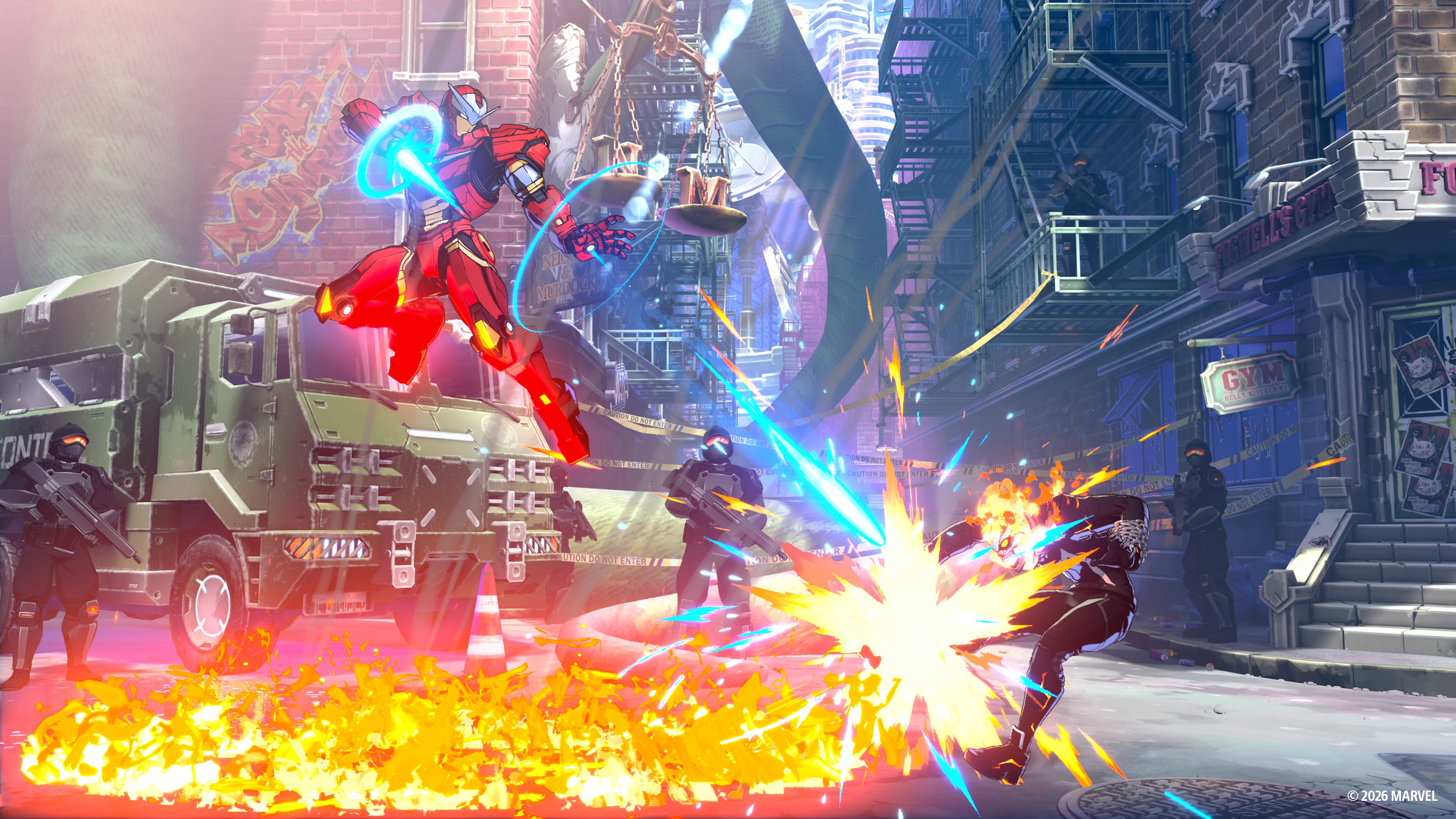 Marvel Tōkon: Fighting Souls - Gameplay of Iron Man hovering above fire attacking Ghost Rider in a city street.