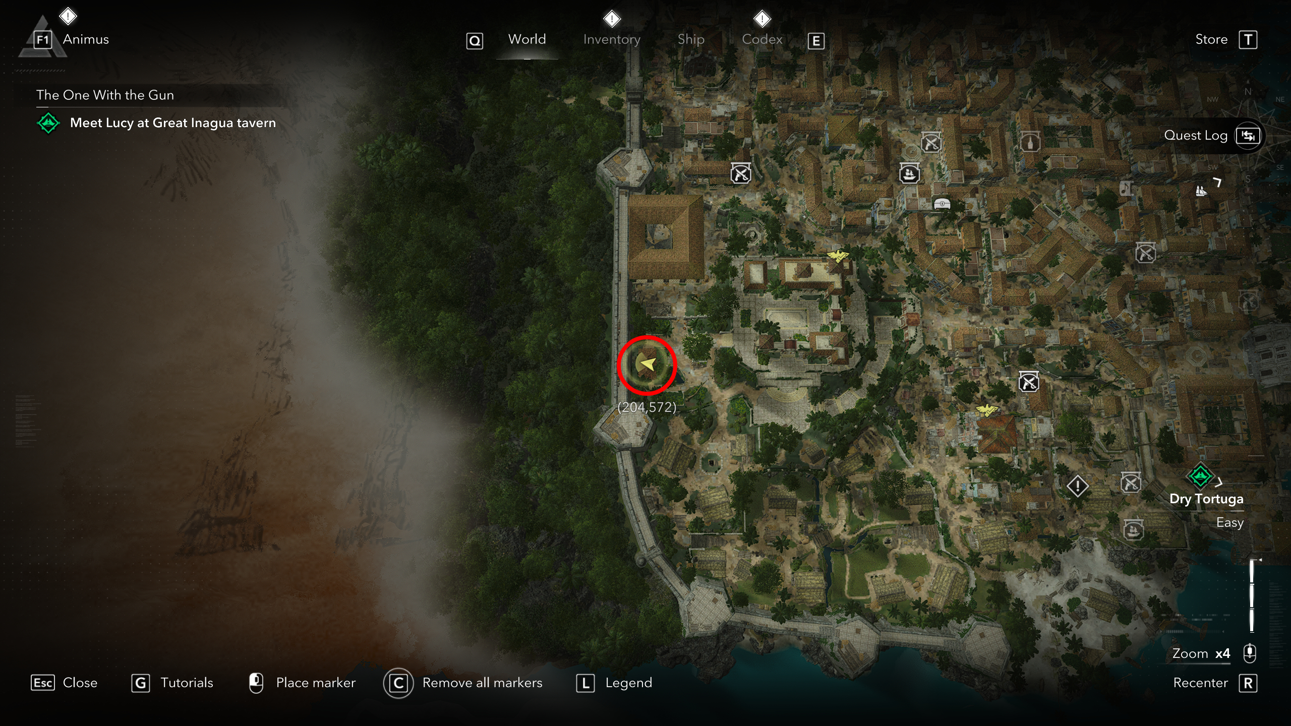 Black Flag outfits: A screenshot of the governor's compound in Havana with a red circle showing where you can find the Brown Cloak.