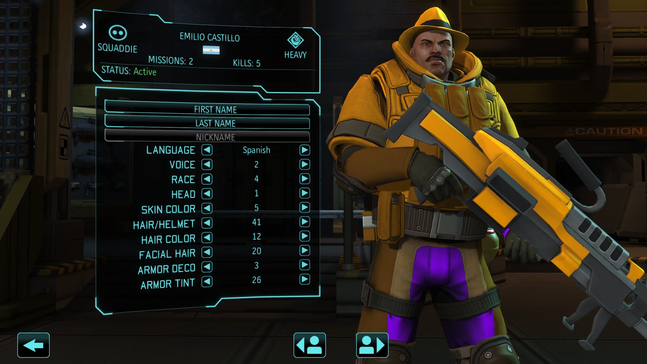 An XCOM soldier named Emilio wears a yellow-and-purple outfit topped with a fedora