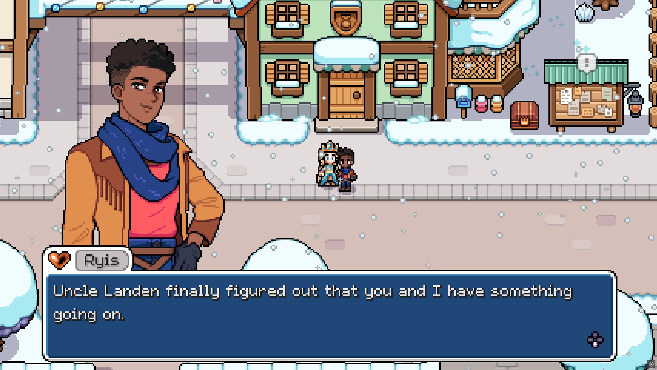 Fields of Mistria - Ryis tells the player "Uncel Landen finally figured out that you and I hae something going on."
