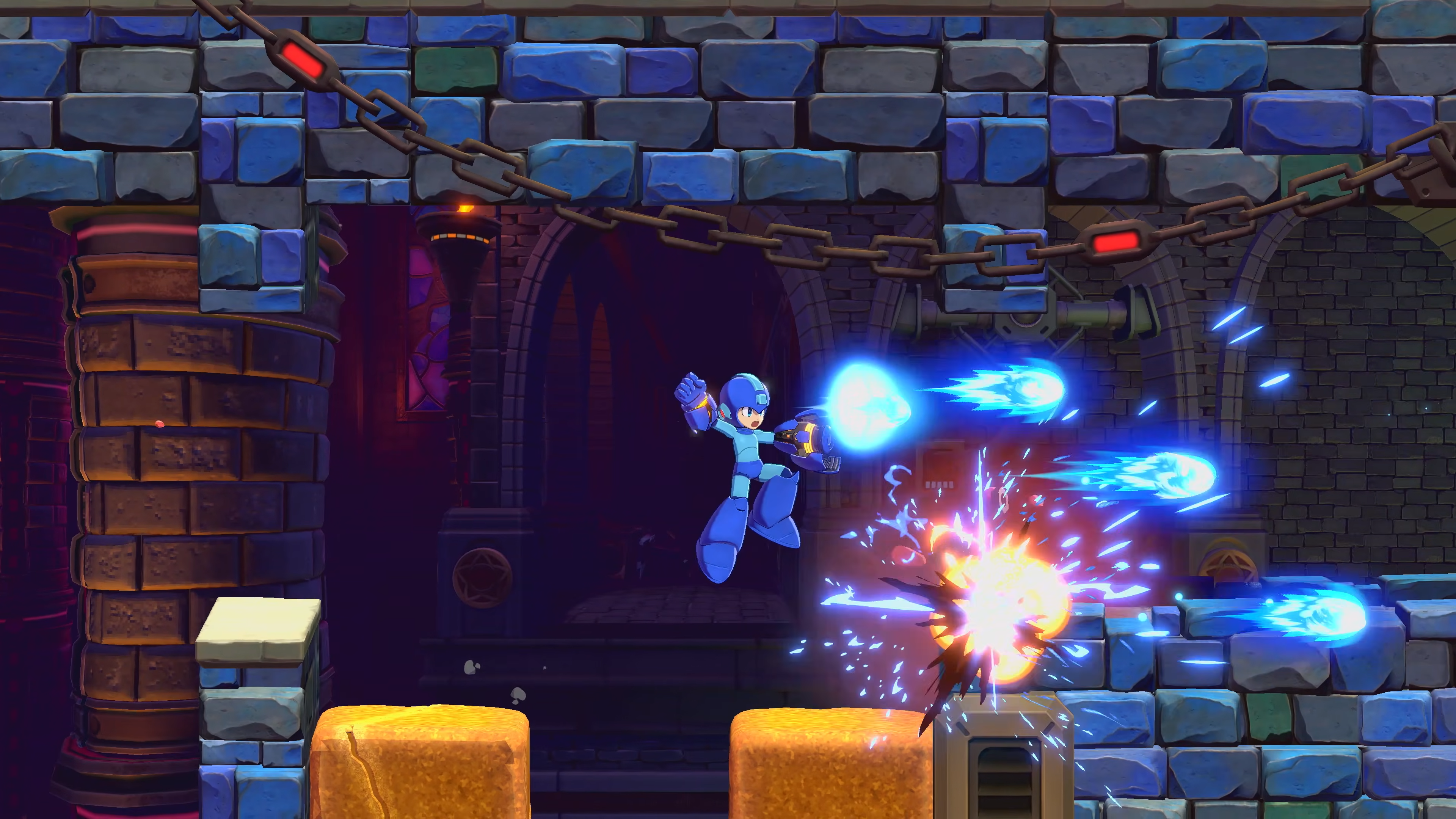 An overcharged Mega Man firing a barrage of charged shots in Mega Man: Dual Override.
