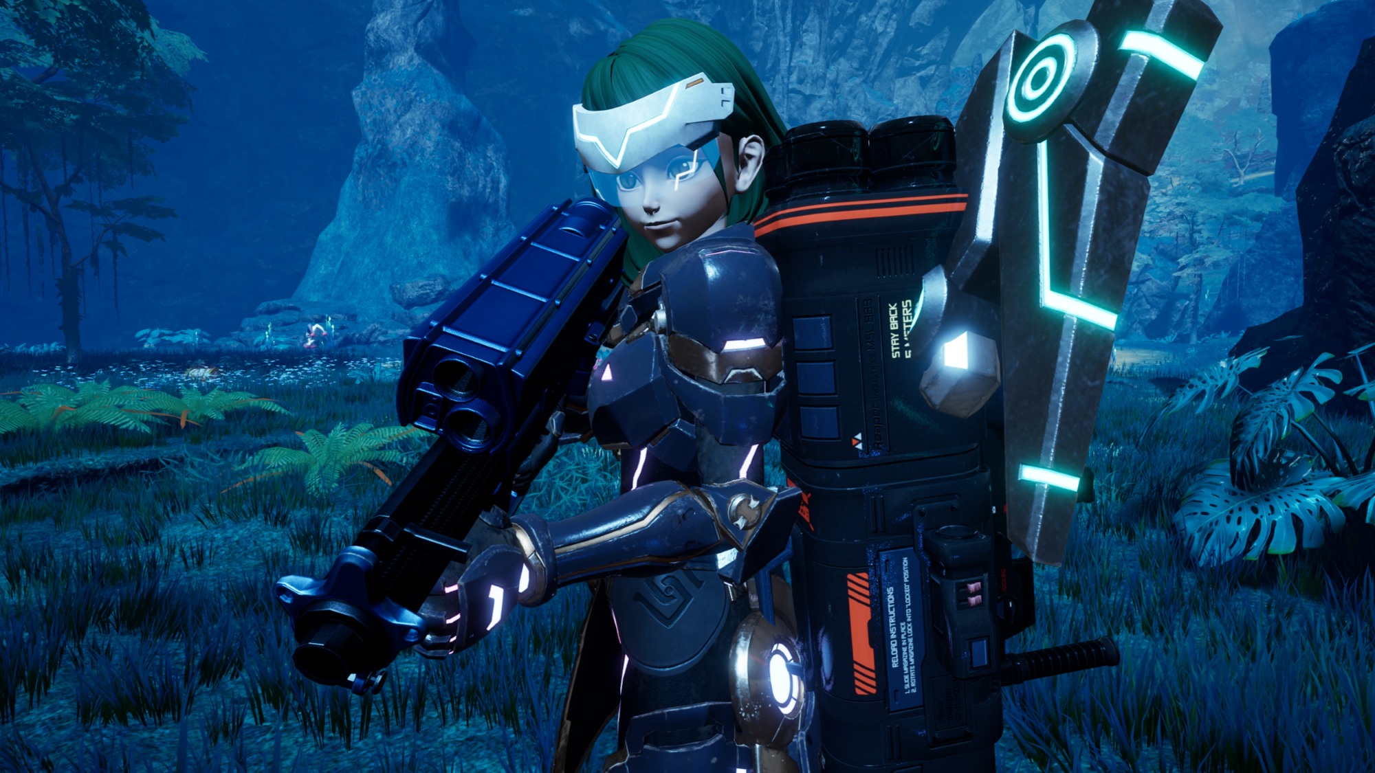 Palworld - A player character holding a gun and wearing endgame gear