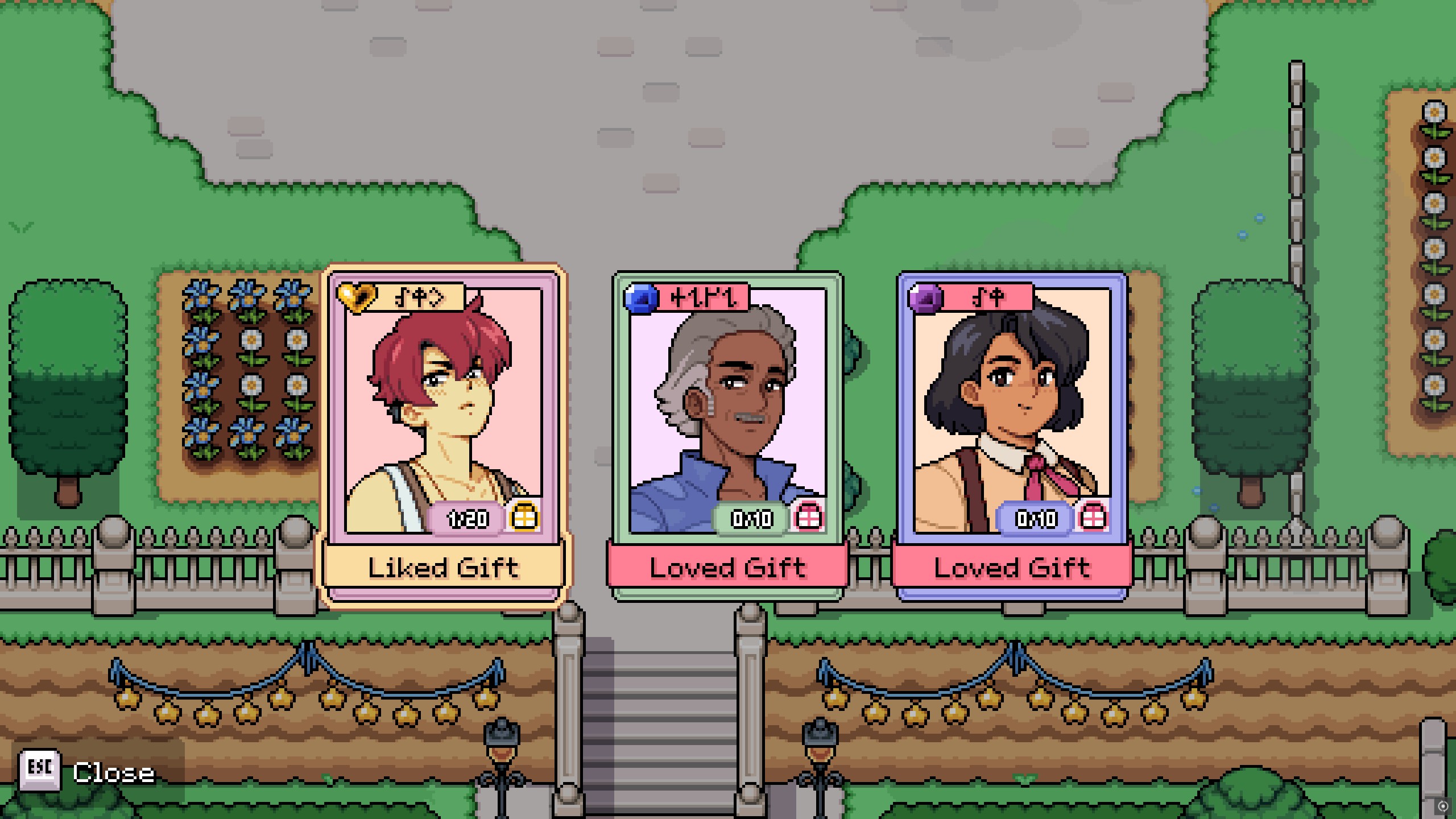 Fields of Mistria - A gossip screen offering to reveal liked and loved gifts for three characters.