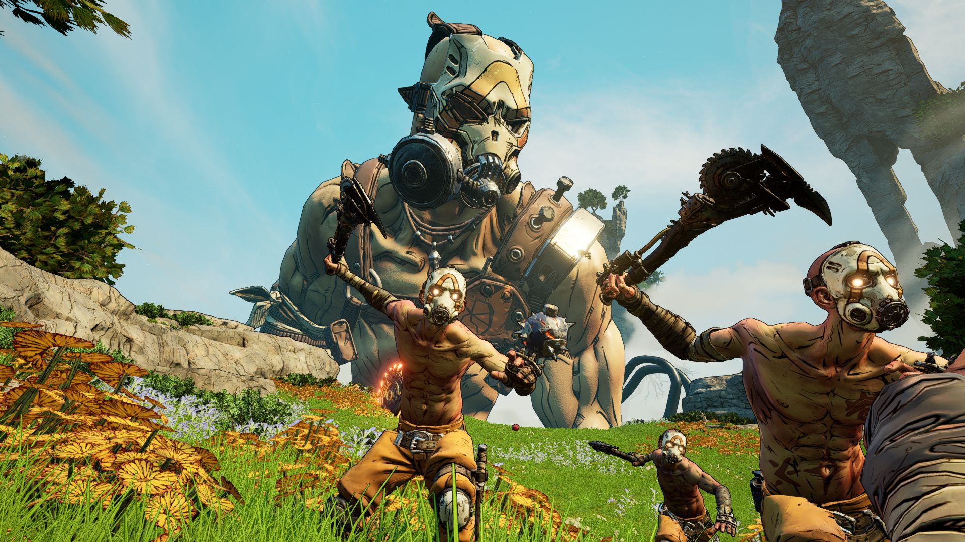 A gigantic Krieg looms over several normal-sized psychos