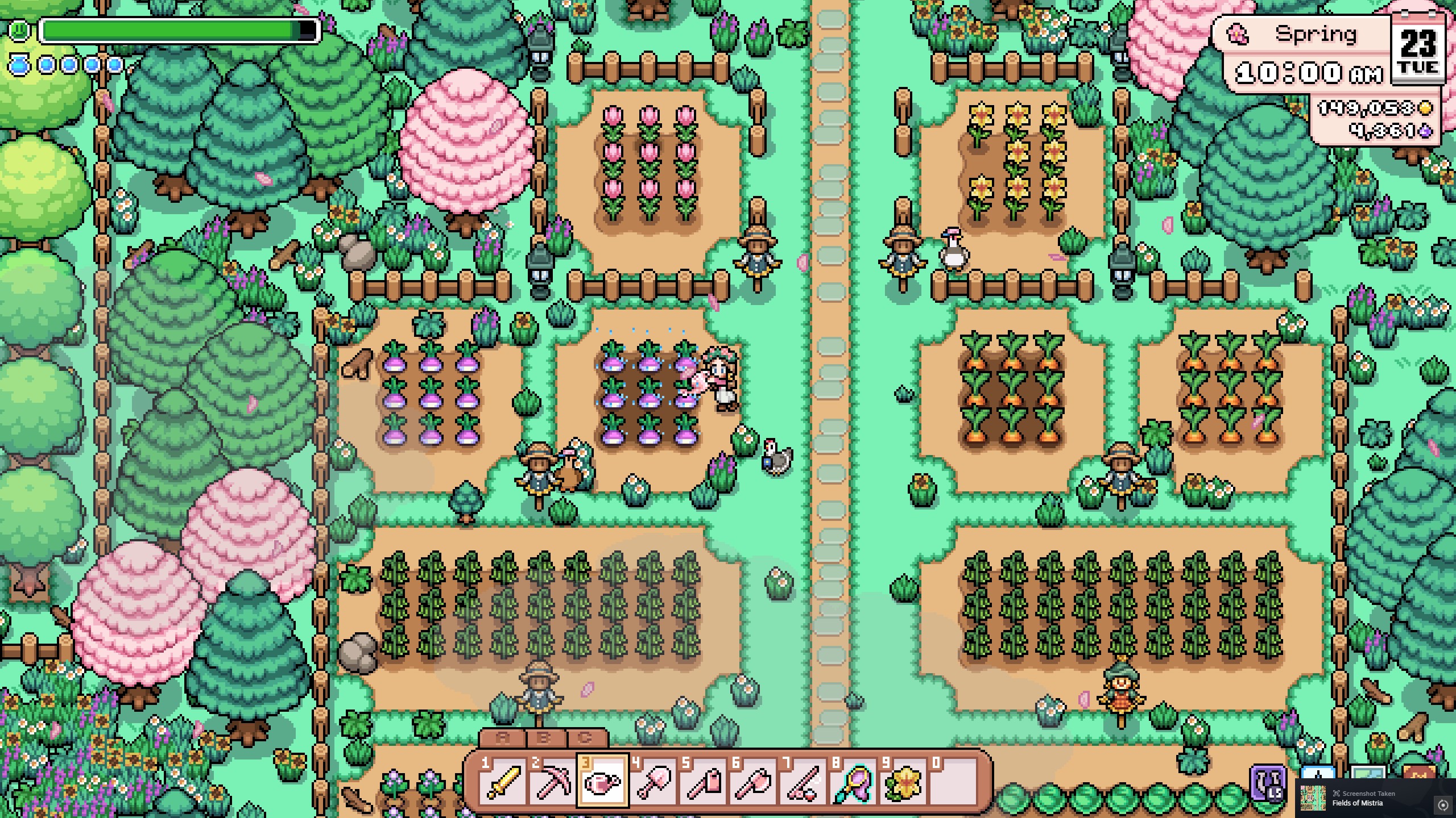 Fields of Mistria - A player waters turnips in the spring while chickens graze nearby