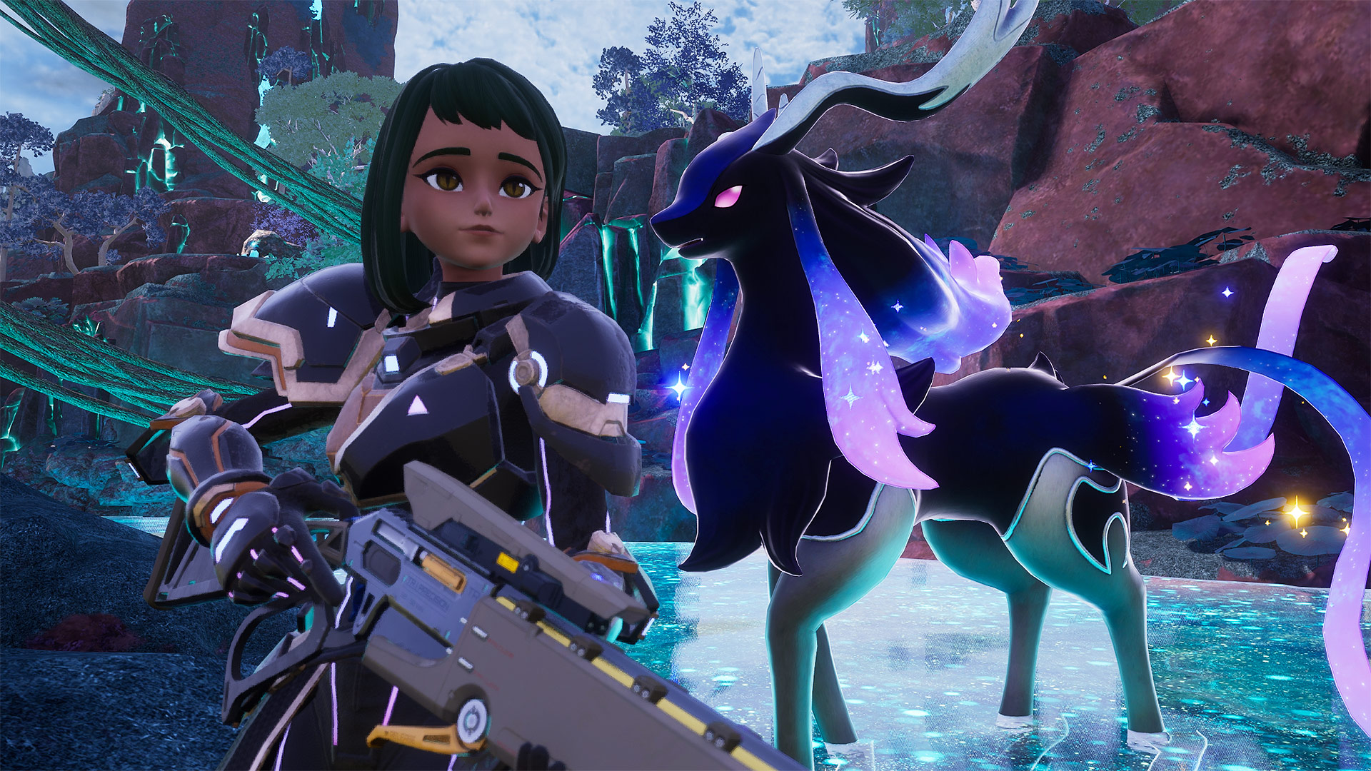 A Palworld player character standing in front of an enchanted elk pal walking in glowing blue water.