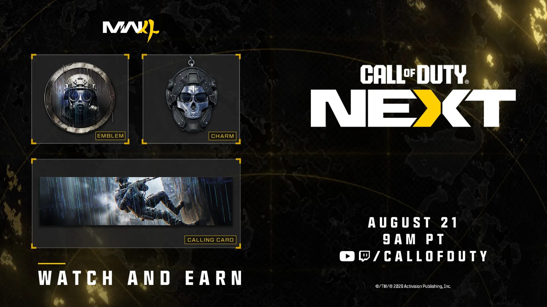Call of Duty Next Twitch Drops, which include: Gas Ready Emblem, Rapple Repel Calling Card, and Ghost Helmet Charm
