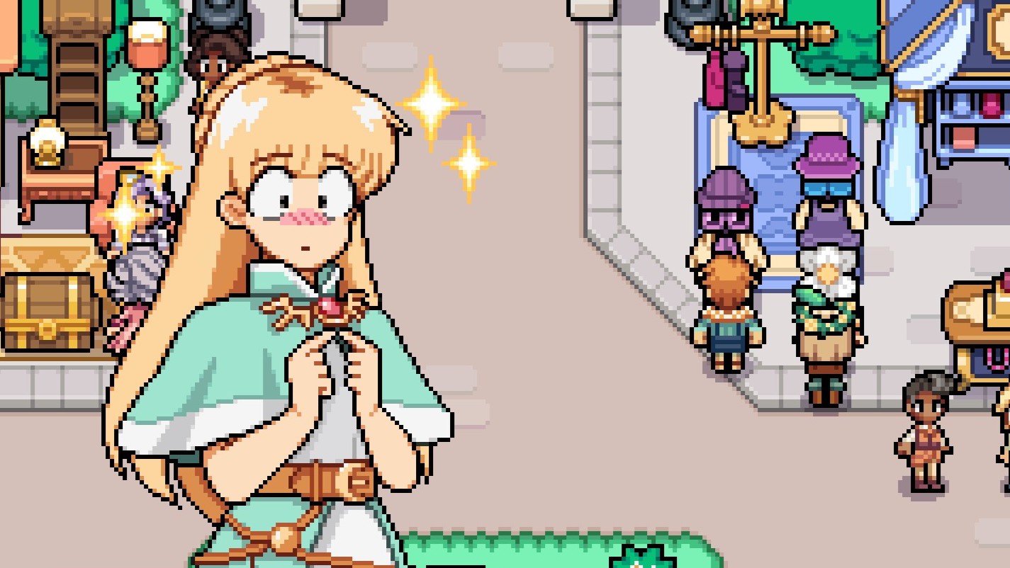 Fields of Mistria- Celine blushes and lookes bashful when the player gives her a gift