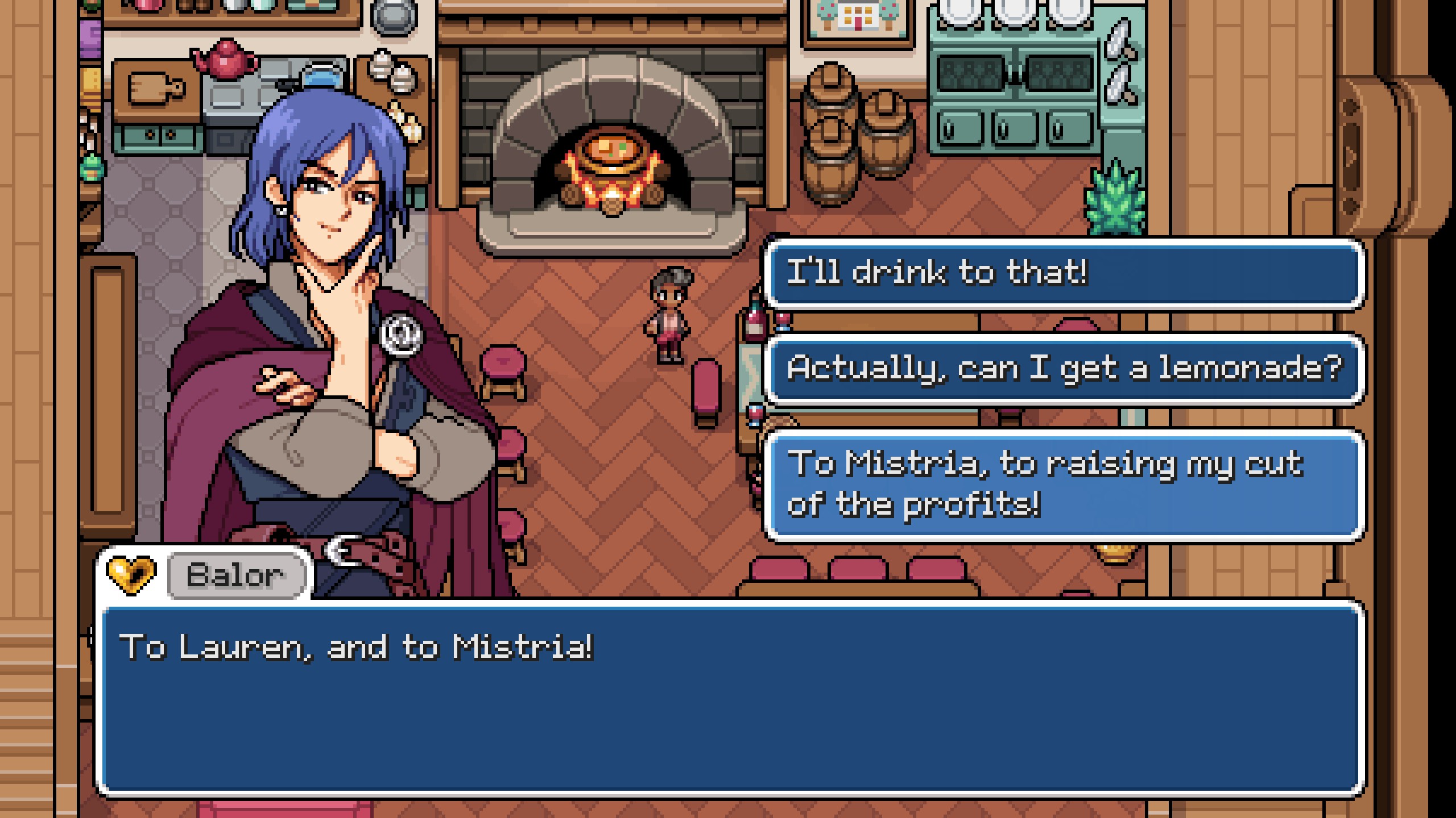 Fields of Mistria - Balor sits at the inn drinking and says "To Lauren and to Mistria!" with player dialogue options in response.
