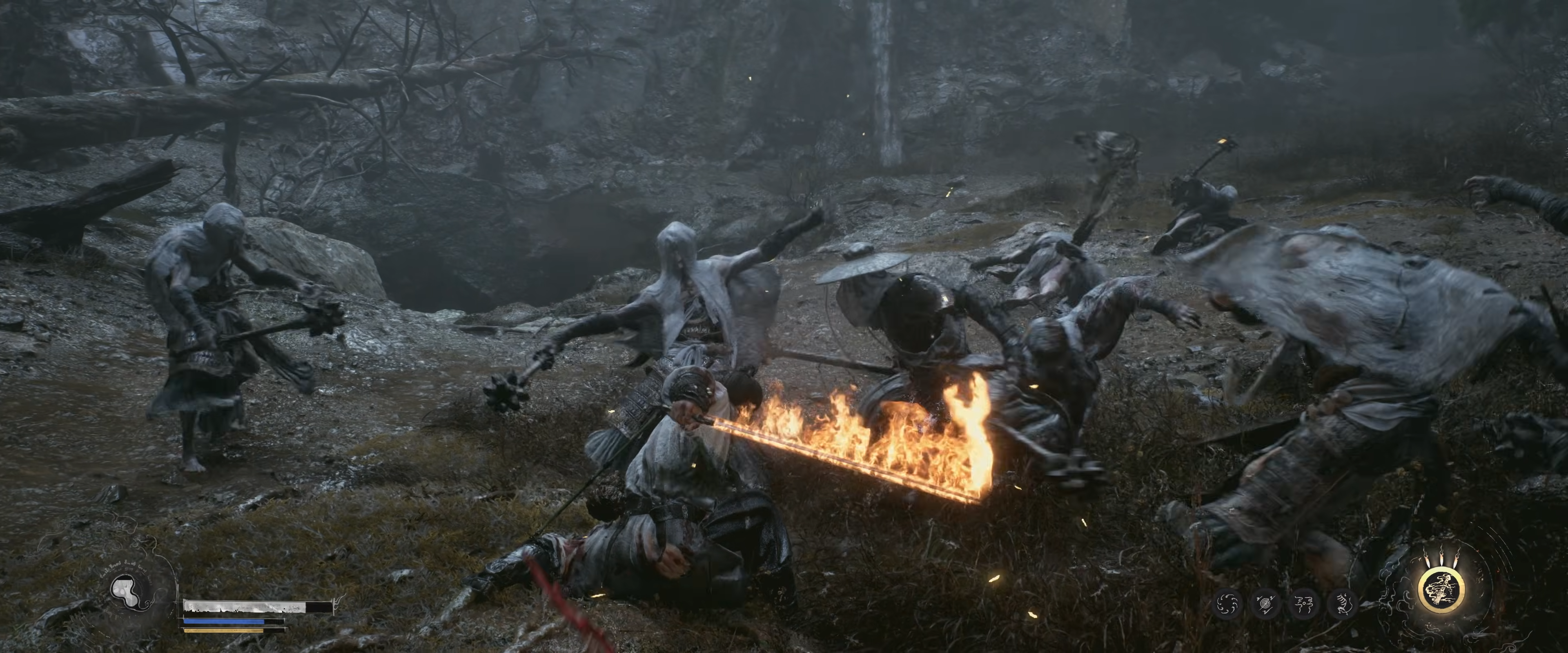 The player character cuts into a group of enemies with a flaming sword in Black Myth: Zhong Kui.