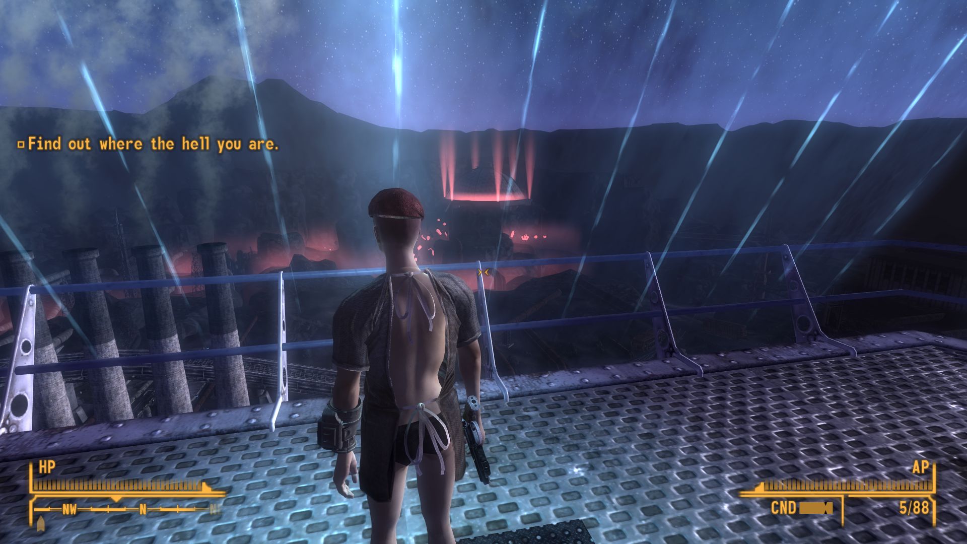 The Courier, wearing a backless medical gown, obeys a questlog to "Find out where the hell you are."