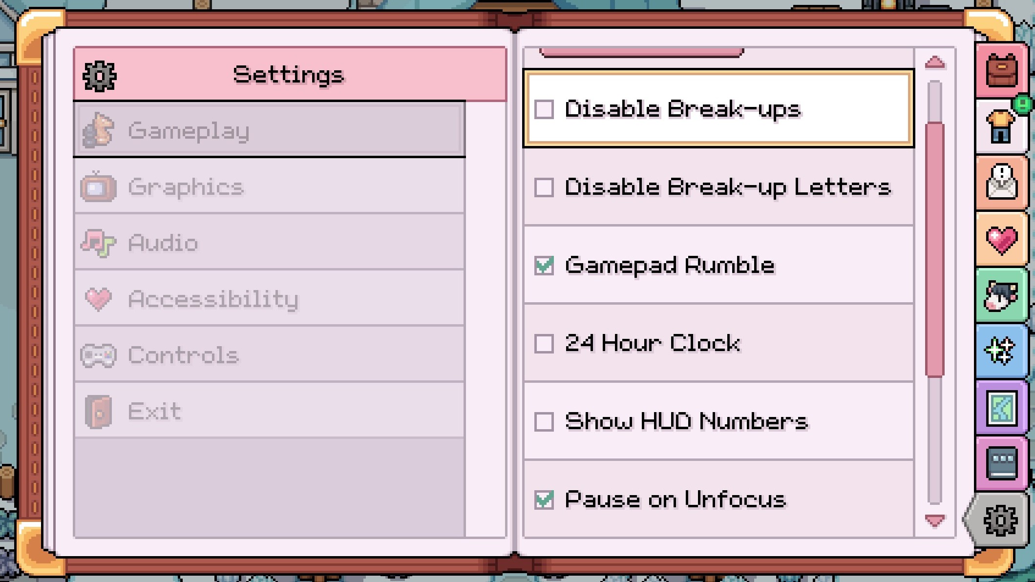 Fields of Mistria - Gameplay settings menu showing tick boxes for "disable break-ups" and "disable break-up letters"
